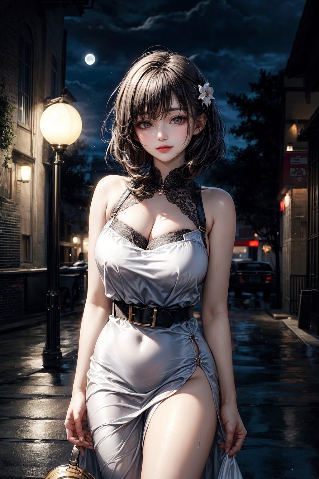 1girl, breast, moon, lantern, night, solo, room, hair accessory, wet, white gown with slit up to the hip, cleavage, wading, water, hair flower, flower, outdoor, sky, full moon, rain, brunette hair, not shoulders, mountain, cloud, holding, belt, bare shoulders, paper lantern, standing, white kimono, night sky, side chest, belt, wet clothes, bangs, tree, from front, reflection, short hair, cloudy sky, wet hair (((masterpiece), (very detailed CG Unity 8k wallpaper), best quality,, Solo, 1girl, cinematic lighting, detailed background, beautiful detailed eyes, bright pupils, (very delicate and beautiful), (beautiful and detailed eye description), super detailed, masterpiece,)),LuxuriousWheelsCostume,  silver dress