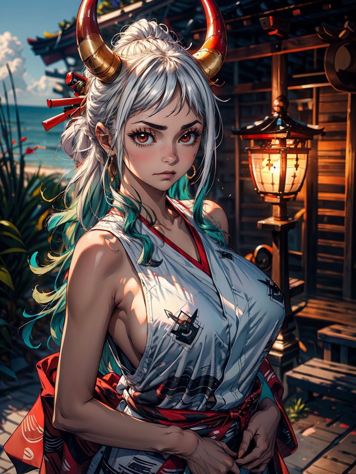 1girl, portrait of beautiful YamatoOP, huge breasts, looking at viewer, solo, japanese_clothes, kimono,(side boobs), bare_shoulders, sleeveless, sleeveless_kimono, shimenawa, looking_at_viewer, bare_arms, v-shaped_eyebrows, hakama, closed_mouth, orange_eyes, aqua_hair, red_eyes, two-tone_hair, serious, frown, sky, volumetric lighting, best quality, masterpiece, intricate details, sharp focus, hyper-detailed,  beach,midjourney