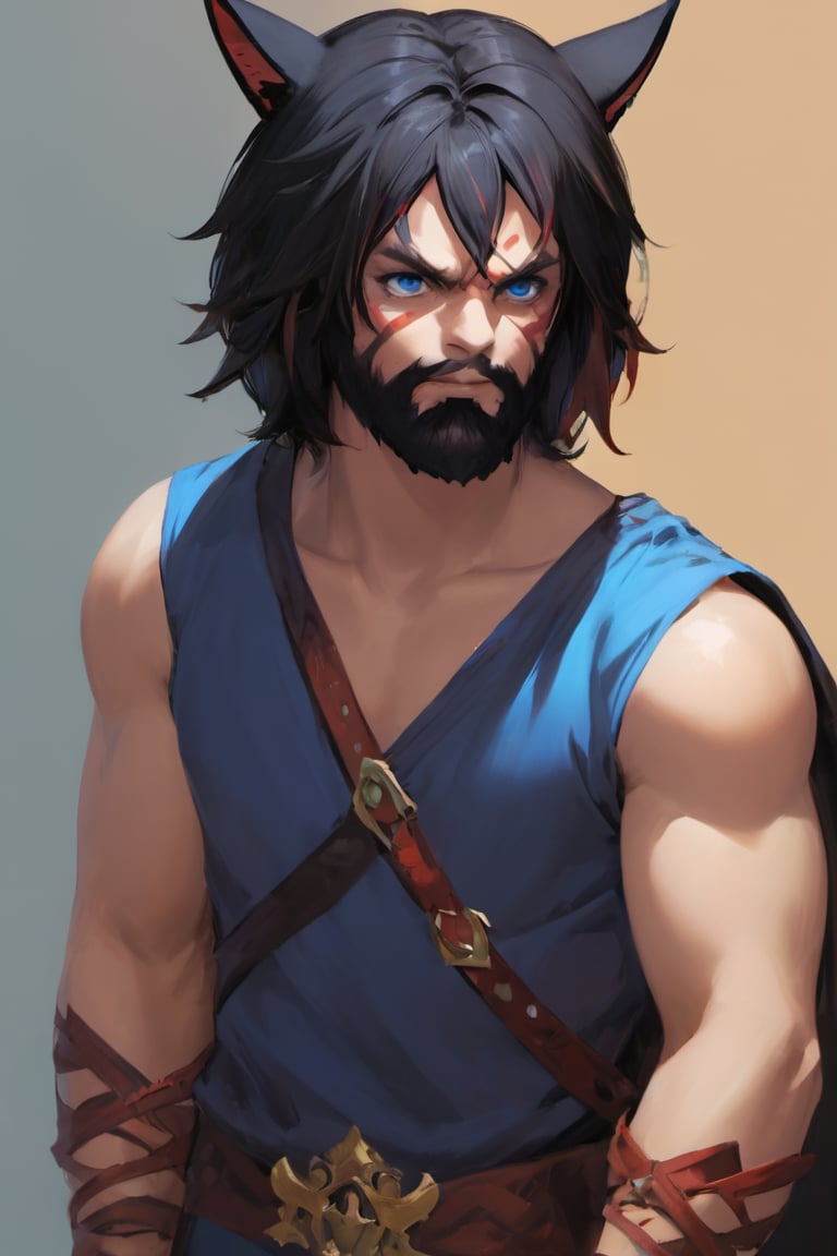 Khit'li L'ocar, beard, black hair, blue background, blue eyes, red eyes, heterochromia, cat boy, closed mouth, facial hair, looking at viewer, multicolored hair, portrait, red hair, short hair, two-tone hair, realistic, specular highlights,