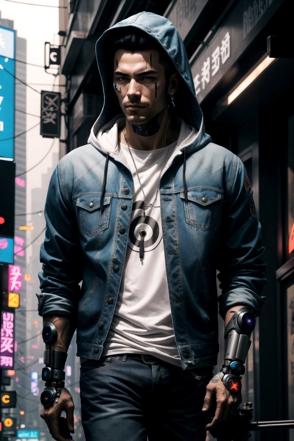 Cyberpunk Style, 1boy, black hair, city, cyberpunk, cyborg, denim, gun, hood, hood up, hooded jacket, jacket, jeans, jewelry, male focus, pants, solo, weapon