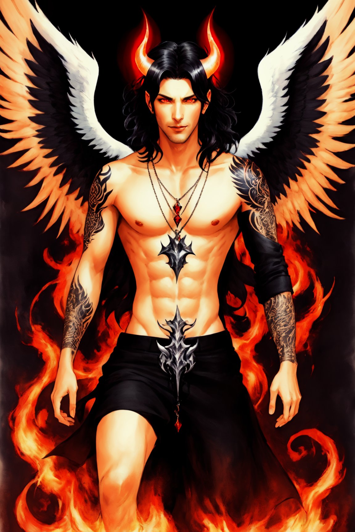 Lucifer, solo, looking at viewer, open mouth, shirt, black hair, red eyes, 1boy, jewelry, full body, male focus, earrings, boots, wings, horns, shorts, sleeveless, pointy ears, necklace, tattoo, chain, black shorts, own hands together, fire, demon horns, feathered wings, black wings, angel wings, arm tattoo, leg tattoo, demon boy, burning
