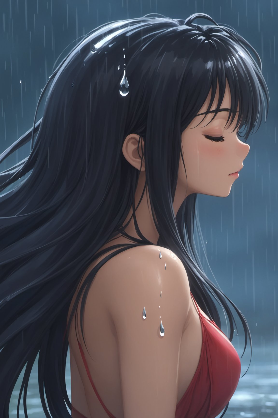 Yashahime Style 1girl, solo, long hair, black hair, closed eyes, wet, blood, rain, unconscious