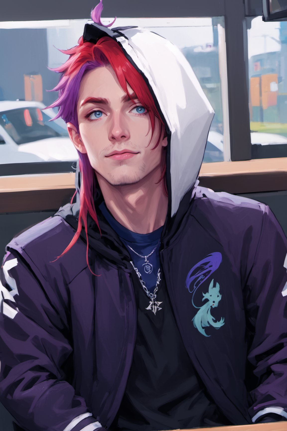 1boy, male focus, pale skin, american, long hair, fluffy hair, two tone hair, purple hair, multicolored hair, red hair, navy blue hair, hooded jacket, tshirt, portrait, upper body, tattoos, anarchist vibes, clean shaven