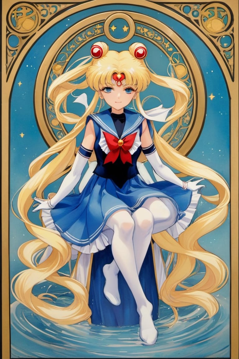 SM Nouveau, art nouveau, sailor senshi uniform, 1girl, sailor collar, 1boy, blue sailor collar, kneeling, blonde hair, bow, magical girl, skirt, long hair, twintails, blue skirt, red bow, gloves, white gloves, elbow gloves, hetero, back bow, barefoot, fine art parody, pleated skirt, double bun, very long hair, hair bun, hair ornament, parody, profile, choker, mars symbol