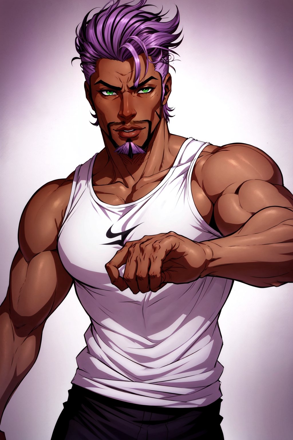 solo, 1boy, male focus, light purple hair,  green eyes, stubble, goatee, dark skinned male, dark skin, lips, shirt, tank top, hyur, specular highlights, gradient, dynamic pose,