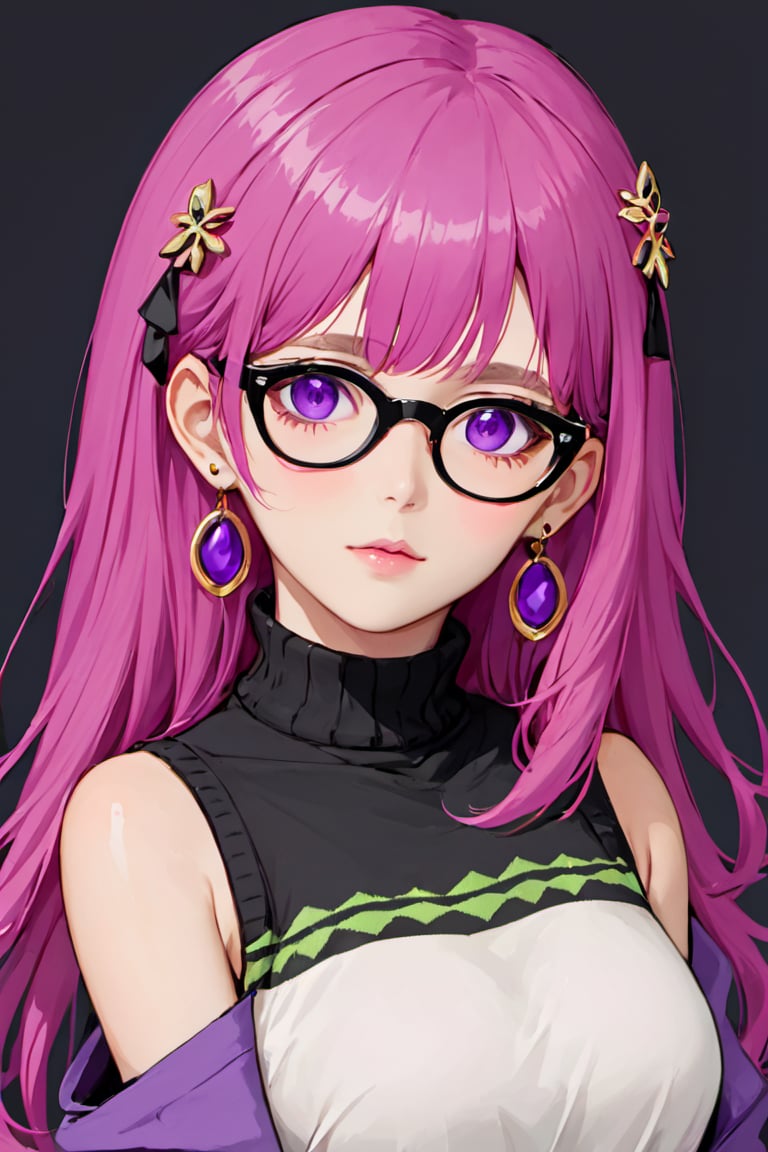 1girl, solo, glasses, pink hair, jewelry, purple eyes, earrings, looking at viewer, long hair, black background, simple background, turtleneck, makeup, lips, sweater, bare shoulders, sleeveless, portrait, parted lips, eyelashes, bangs, pink lips, black-framed eyewear, upper body