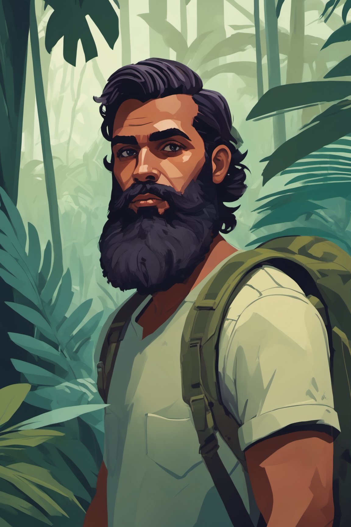 Masterpiece, award winning portrait of a bearded hipster explorer in a Jungle by Syd Mead, cold color palette, muted colors, detailed, 8k