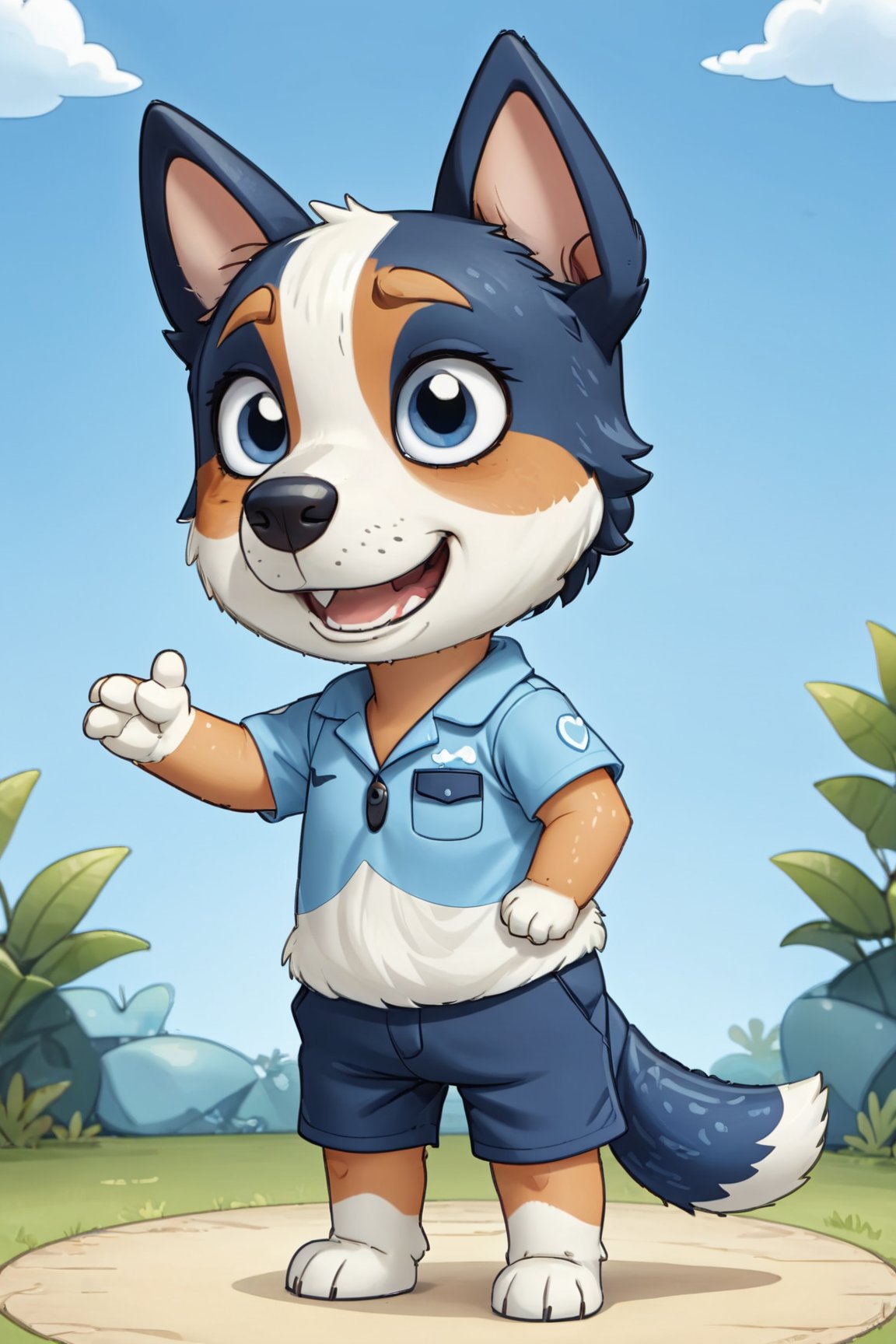 Bluey Style, Bluey Irwin Chibi, blue heeler, two-tone fur,   blue fur, white fur, solo, looking at viewer, smile, open mouth, simple background, 1girl, animal ears, standing, tail, full body, black eyes, arms up, blue background, happy, outstretched arms, furry, furry girl, body fur, animal nose, 