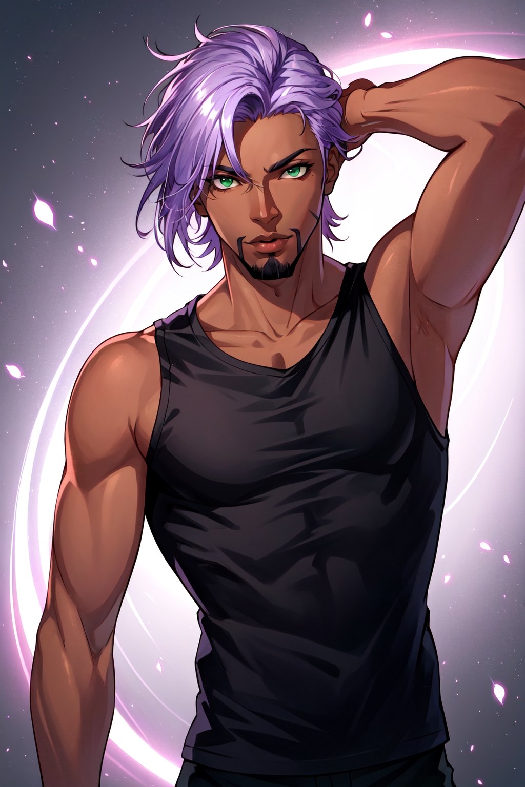 solo, 1boy, male focus, light purple hair,  green eyes, stubble, goatee, dark skinned male, dark skin, lips, shirt, tank top, hyur, specular highlights, gradient, dynamic pose,