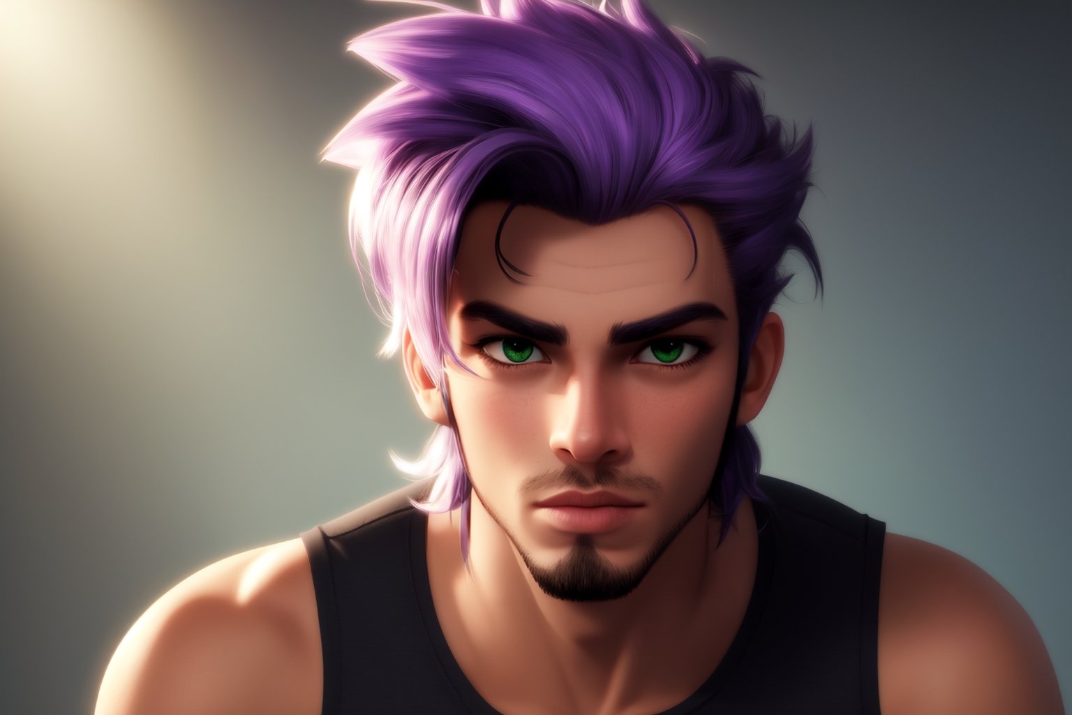 solo, 1boy, male focus,  dark skinned male, dark skin, light purple hair,  green eyes, stubble, goatee, lips, shirt, tank top, hyur, specular highlights, gradient, dynamic pose,