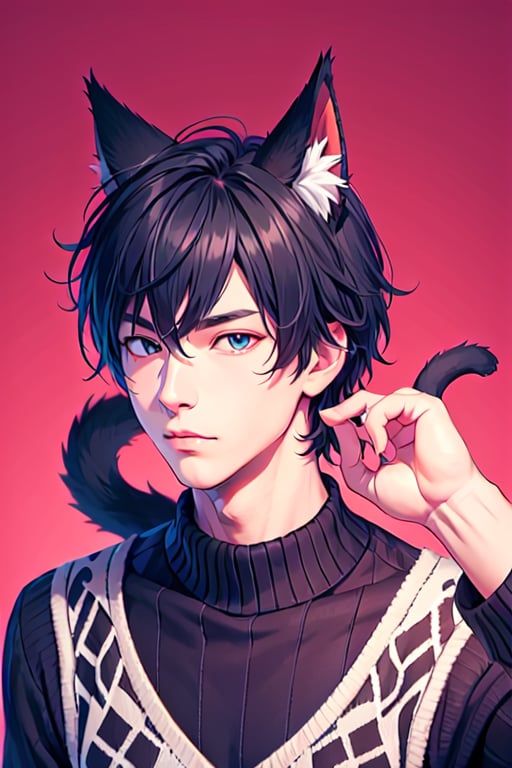 animal ears, solo, 1boy, male focus, cat ears, black hair, sweater, argyle, 