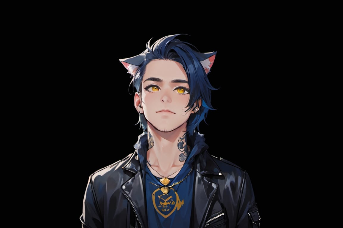 1boy, male focus, long hair, fluffy hair, navy blue hair, cat ears, animal ears, animal ear fluff, gold eyes, leather jacket, tshirt, portrait, upper body, tattoos, anarchist vibes, clean shaven