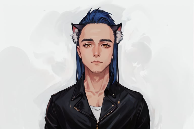 1boy, male focus, long blue hair, cat ears, animal ears, animal ear fluff, gold eyes, leather jacket, tshirt, portrait, upper body