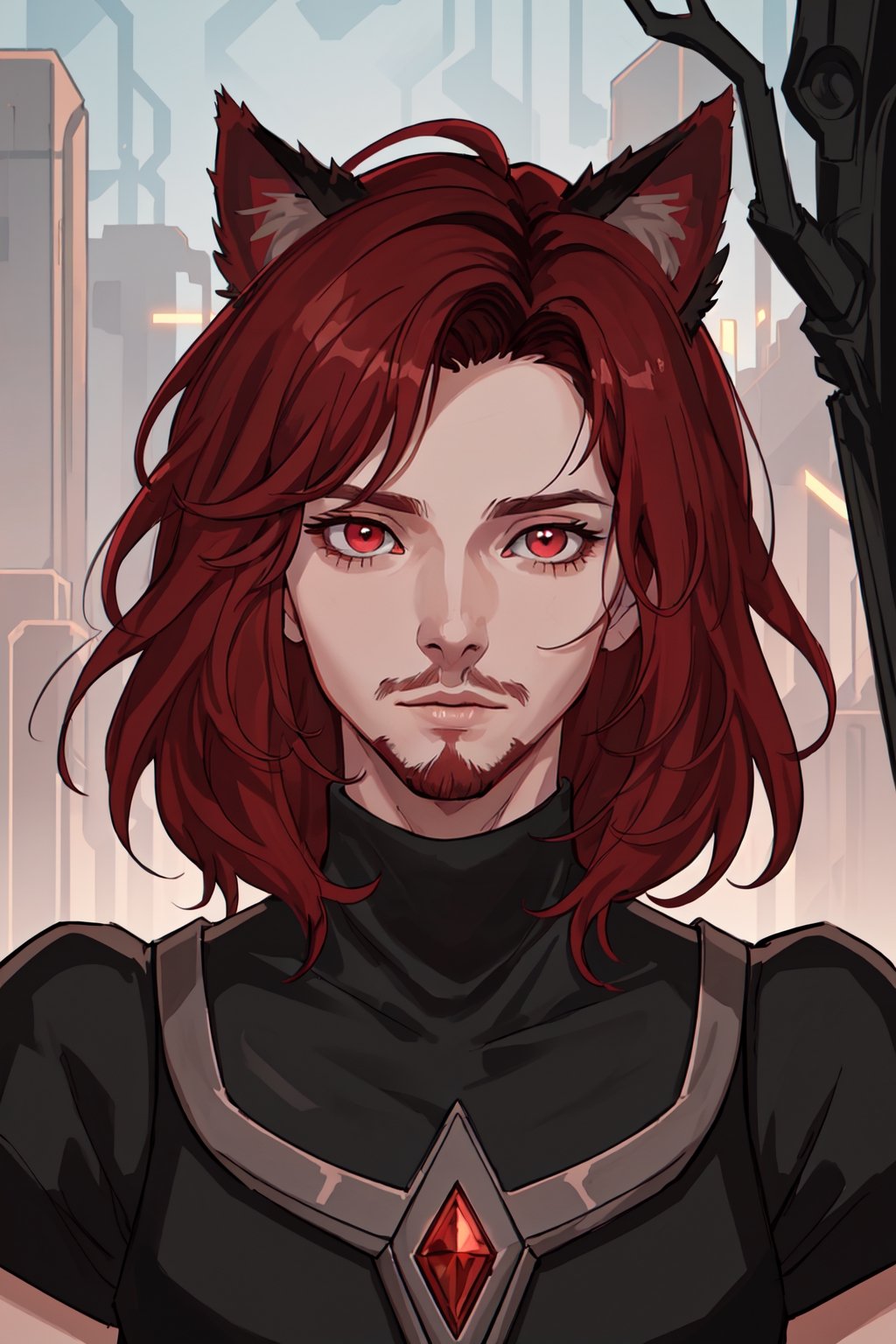 masterpiece, absurdres, best quality, ultra-detailed, highres), perfect face, sidelighting, lustrous skin,(bloom), (shine), lighting, ray tracing, sci-fi, solo, 1boy, male focus, facial hair, solo, stubble, cat ears, (red iris), shirt, beard, red hair, tree, red eyes, lips,depth_of_field,very detailed background, highly detailed background, Masterpiece, Ultra detailed, great composition, extremely delicate and beautiful,(Highest picture quality), (Master's work), depth of field, solo, extreme light and shadow, masterpiece, rich in detail, (fine features), (highest quality), (masterpiece), (detailed eyes), (beautiful) detailed,beautiful detailed eyes,(straight-on),cyberpunk:1, (extremely detailed CG unity 8k wallpaper),(masterpiece), (best quality), (ultra-detailed), (best illustration),(best shadow),perfect lighting , perfect anatomy , vivid colors,