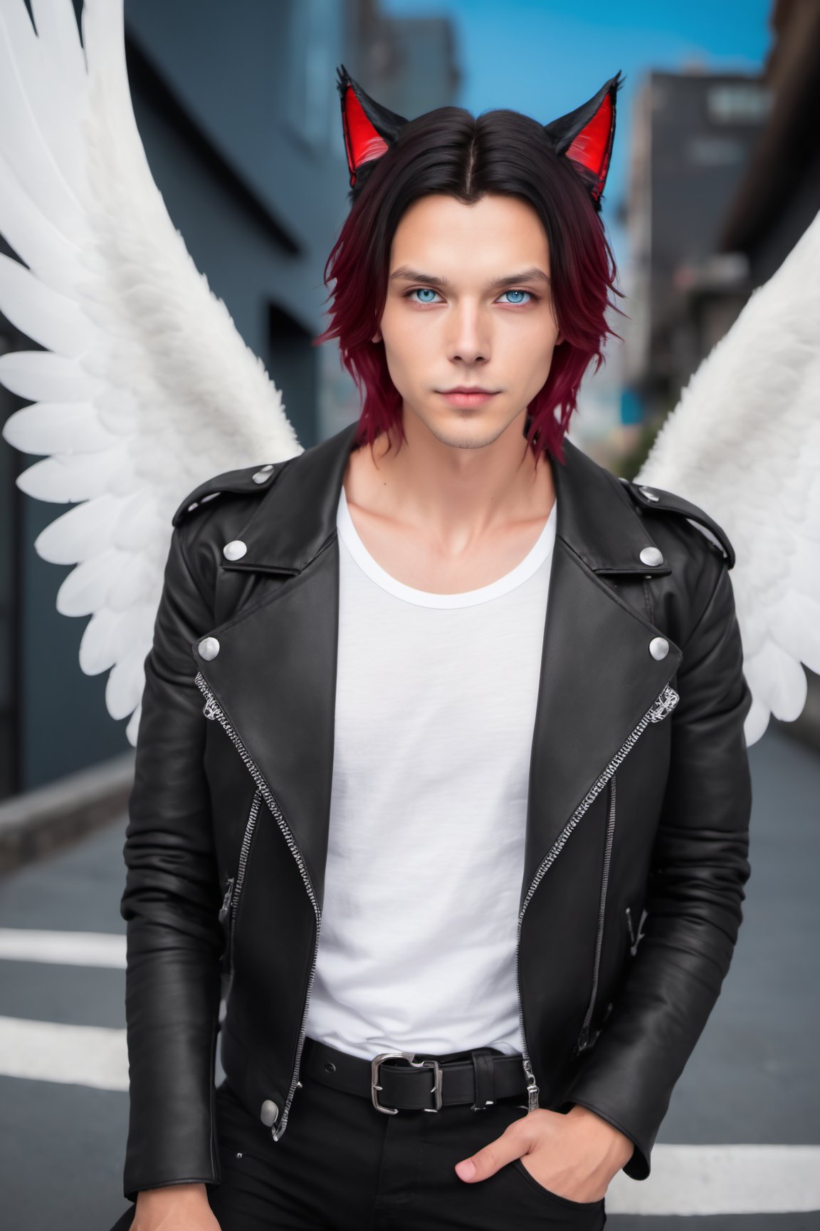 solo, looking at viewer, short hair, blue eyes, shirt, black hair, red eyes, animal ears,  jacket, upper body, red hair, open clothes, wings,  cat ears,  open jacket, black jacket, black shirt, heterochromia, feathered wings, angel wings, white wings, leather, single wing, leather jacket, 