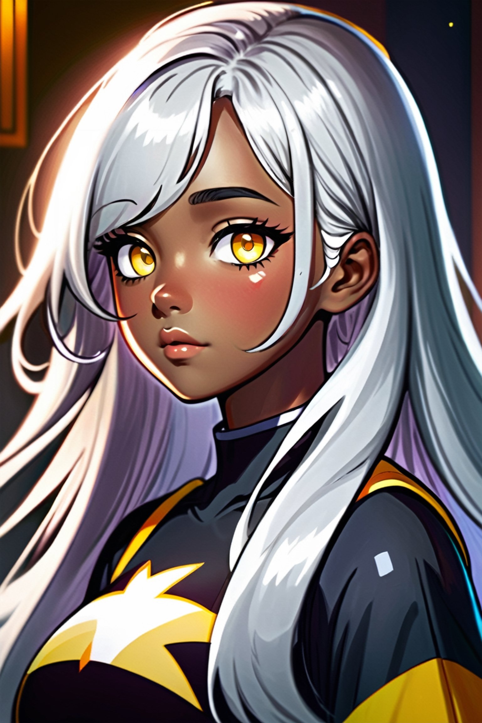 Steven Universe Style, 1girl, solo, long hair, looking at viewer, closed mouth, yellow eyes, white hair, grey hair, dark skin, blunt bangs, dark-skinned female, makeup, portrait, close-up, specular highlights, tone mapping, extremely detailed, cartoon style, anime, steven universe, official art, masterpiece