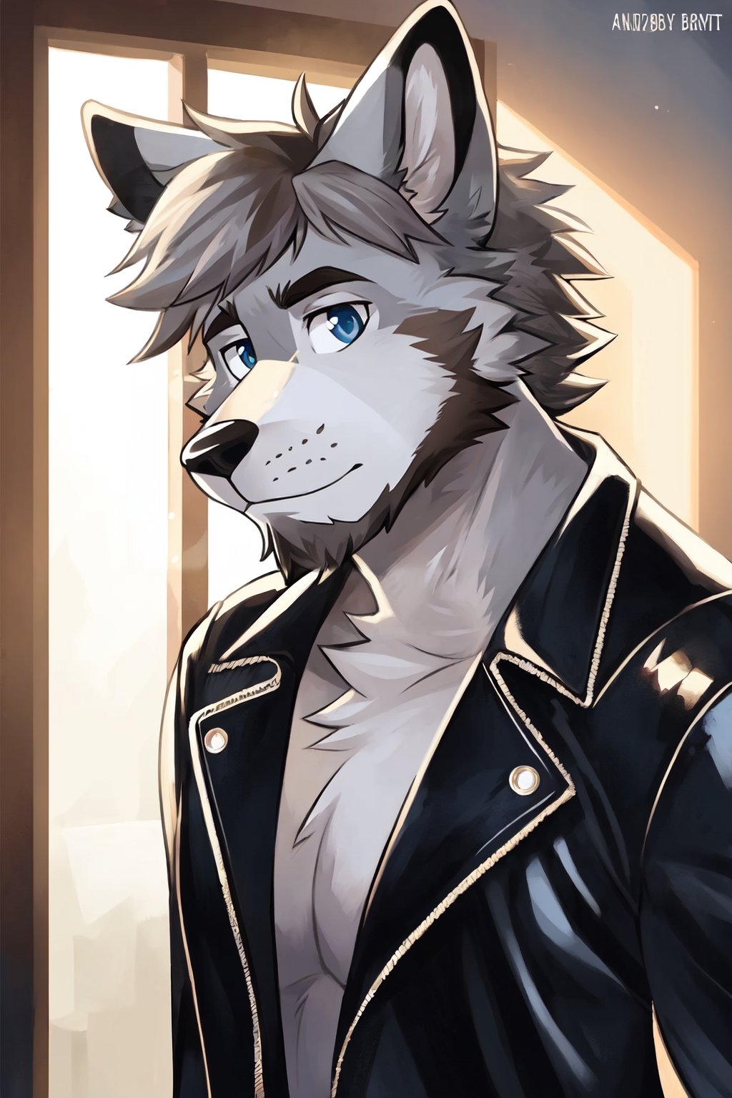 Andrew Bryant, 1boy, male focus, solo, two tone hair, grey hair, dusty brown hair, blue eyes, facial hair, beard, fox ears, silver fox vibes, gruff, dry looking skin, anthro, animal ears, animal ear fluff, furry, leather jacket with patches, detailed face, detailed eyes, detailed hair, tonemapping, ultra sharp, extremely detailed, side lighting, rim lighting, specular highlights,realistic