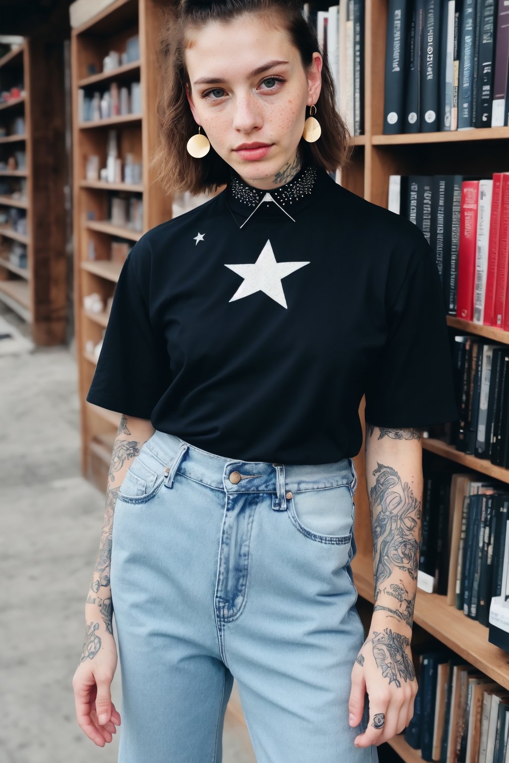  male focus, solo, looking at viewer, short hair, shirt, red eyes, 1boy, jewelry, short sleeves, male focus, red hair, earrings, outdoors, sky, choker, pants, collar, bracelet, black shirt, tattoo, night, facial hair, piercing, denim, t-shirt, building, ear piercing, star (sky), night sky, starry sky, freckles, jeans, bookshelf, arm tattoo, print shirt, spiked collar, shooting star, neck tattoo, detailed eyes, detailed hair, detailed face, textured hair, tone mapping , specular highlights, extreme light and shadow, rim lighting, side lighting, shiny, bloom , masterpiece, official art, subsurface scattering,