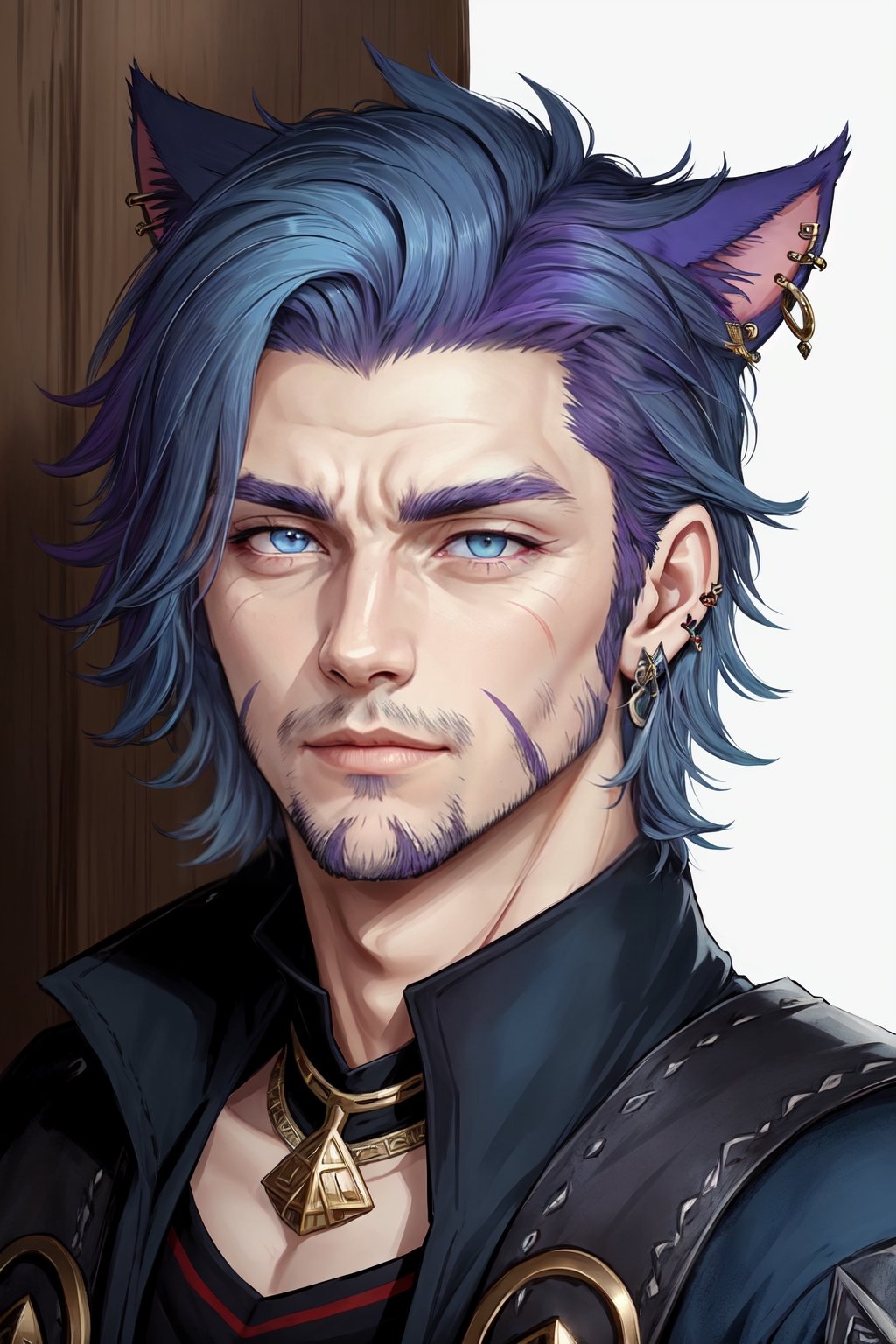 Khit'li L'ocar, beard, blue eyes, blue hair, purple hair, stubble, cat boy, closed mouth, earrings, facial hair, jewelry, looking at viewer, multicolored hair, portrait, red eyes, realistic