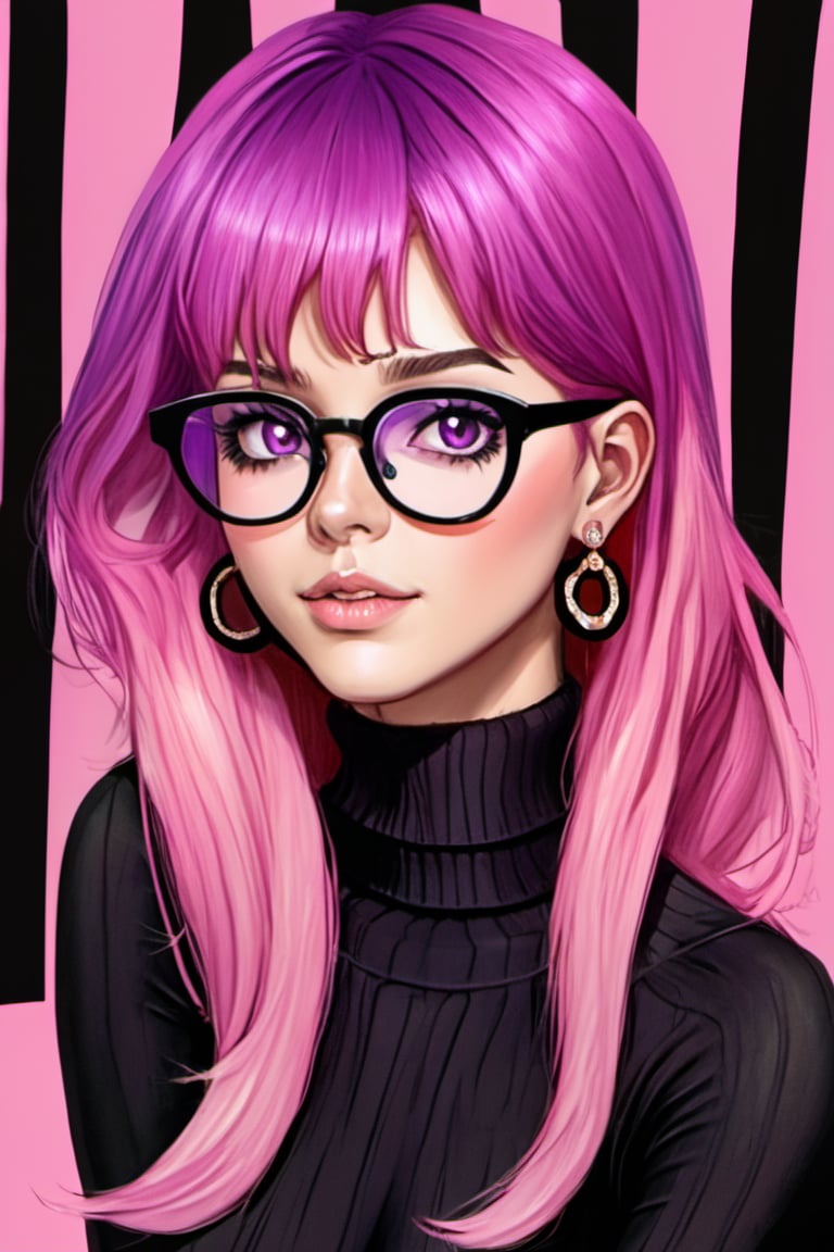 1girl, solo, glasses, pink hair, jewelry, purple eyes, earrings, looking at viewer, long hair, black background, simple background, turtleneck, makeup, lips, sweater, bare shoulders, sleeveless, portrait, parted lips, eyelashes, bangs, pink lips, black-framed eyewear, upper body