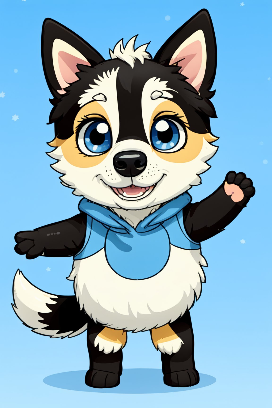 Bluey Style, Bluey Irwin Chibi, blue heeler, two-tone fur,   blue fur, white fur, solo, looking at viewer, smile, open mouth, simple background, 1girl, animal ears, standing, tail, full body, black eyes, arms up, blue background, happy, outstretched arms, furry, furry girl, body fur, animal nose, 