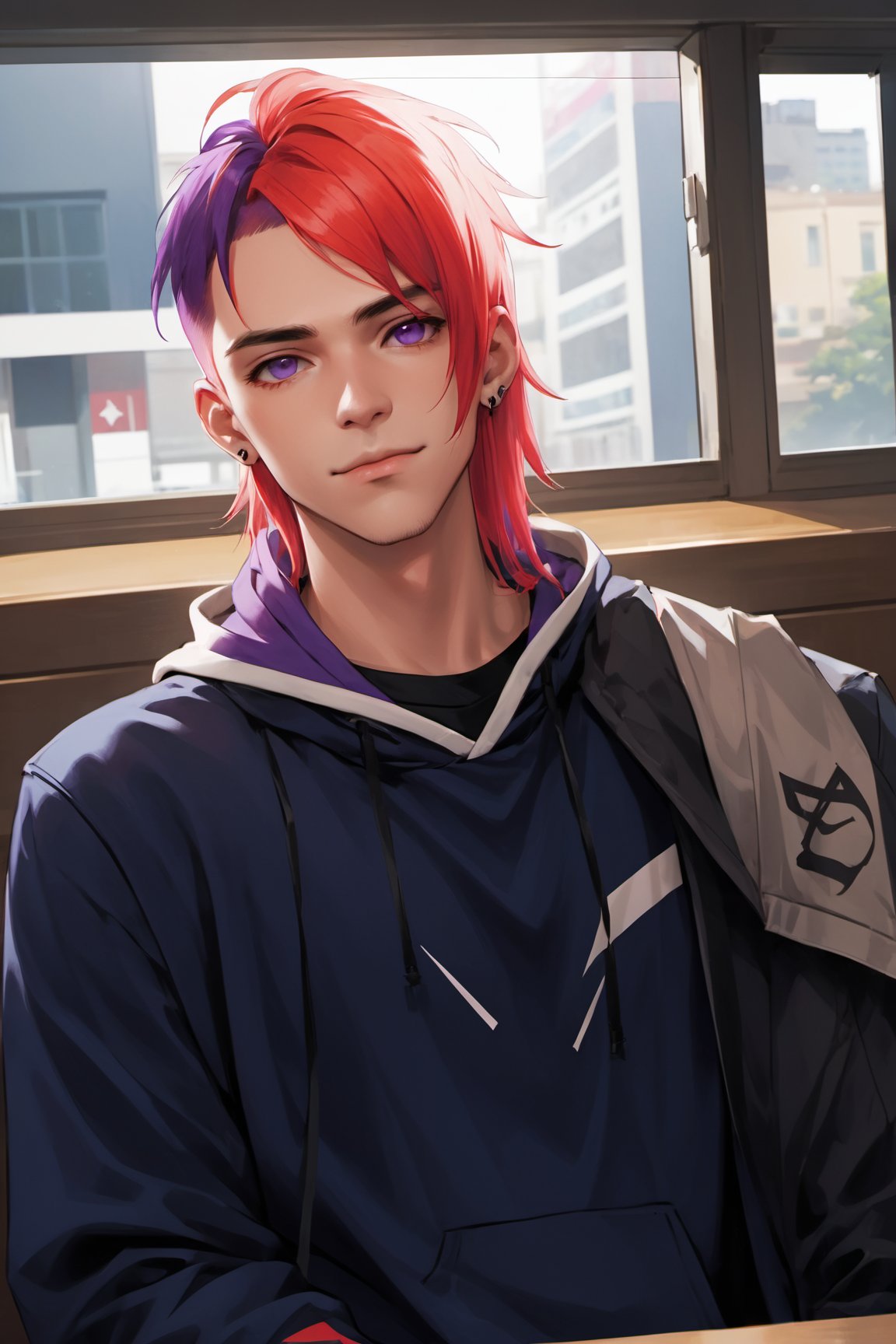 1boy, male focus, american, long hair, fluffy hair, two tone hair, purple hair, multicolored hair, red hair, navy blue hair, hooded jacket, tshirt, portrait, upper body, tattoos, anarchist vibes, clean shaven