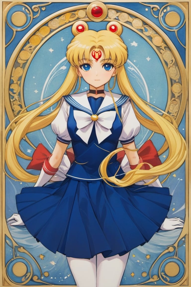 SM Nouveau, art nouveau, sailor senshi uniform, 1girl, sailor collar, 1boy, blue sailor collar, kneeling, blonde hair, bow, magical girl, skirt, long hair, twintails, blue skirt, red bow, gloves, white gloves, elbow gloves, hetero, back bow, barefoot, fine art parody, pleated skirt, double bun, very long hair, hair bun, hair ornament, parody, profile, choker, mars symbol