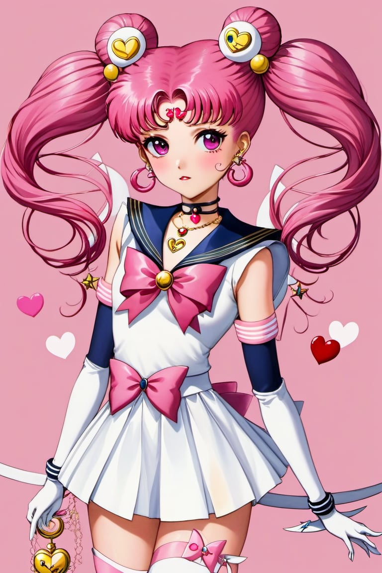 1girl, sailor senshi uniform, solo, pink hair, gloves, white gloves, skirt, hair bun, double bun, elbow gloves, jewelry, bow, magical girl, twintails, hair ornament, sailor collar, earrings, colored skin, hand on hip, crescent, choker, pink sailor collar, brooch, signature, hairpin, finger to mouth, cowboy shot, cone hair bun, heart, pleated skirt, red bow, facial mark