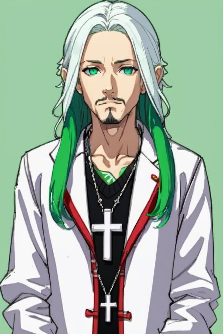 jewelry, 1boy, earrings, solo, male focus, black hair, facial hair, green eyes, multicolored hair, jacket, bracelet, cross, looking at viewer, cross earrings, white hair, necklace, green hair, upper body, black jacket, streaked hair, closed mouth, long sleeves, two-tone hair, sweater, simple background