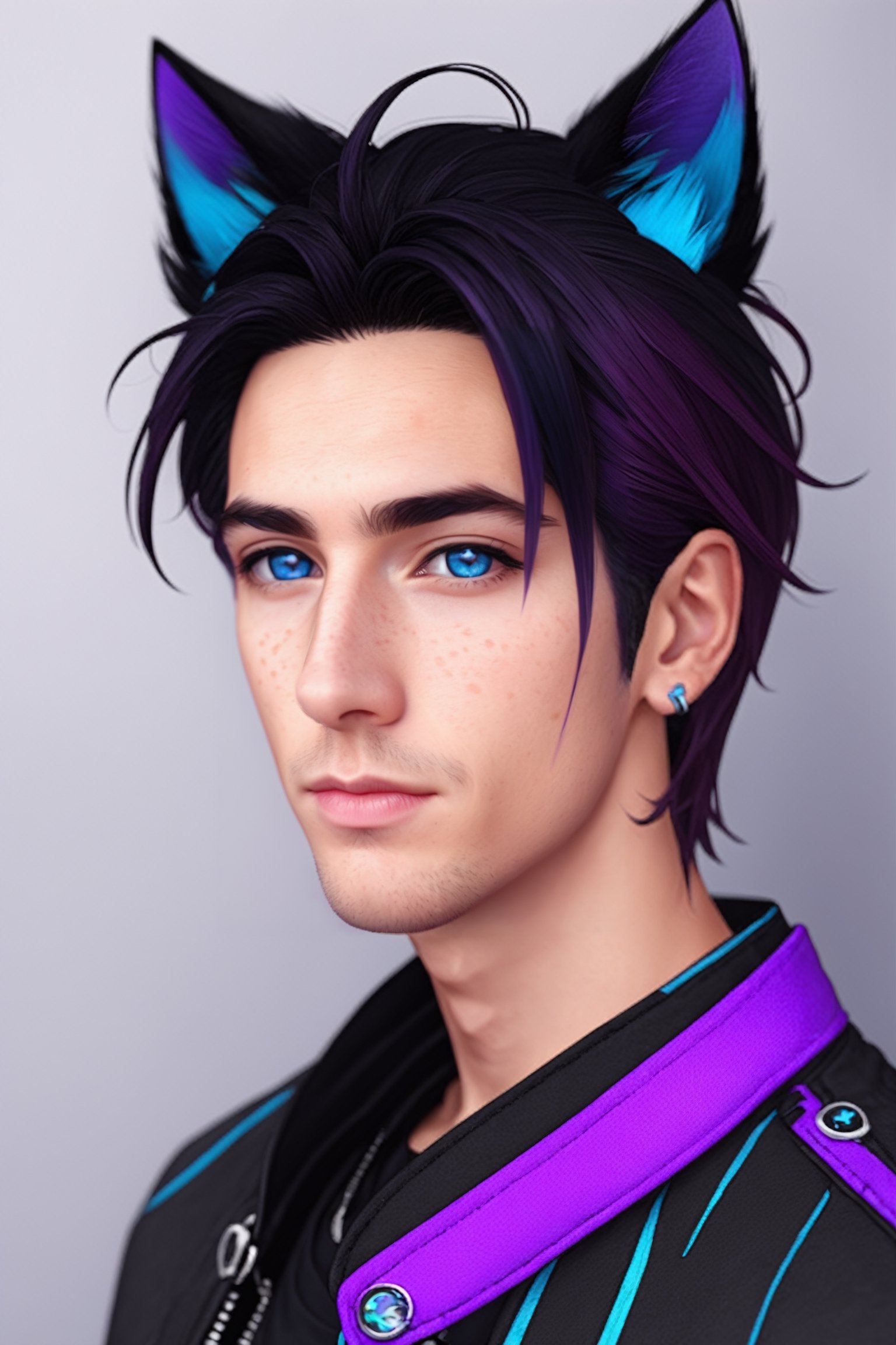 Maverick Ellis Rowe, 1boy, male focus, solo, looking at viewer, short hair, blue eyes, black hair, animal ears, jacket, purple hair, parted lips, cat ears, lips, colored sclera, freckles