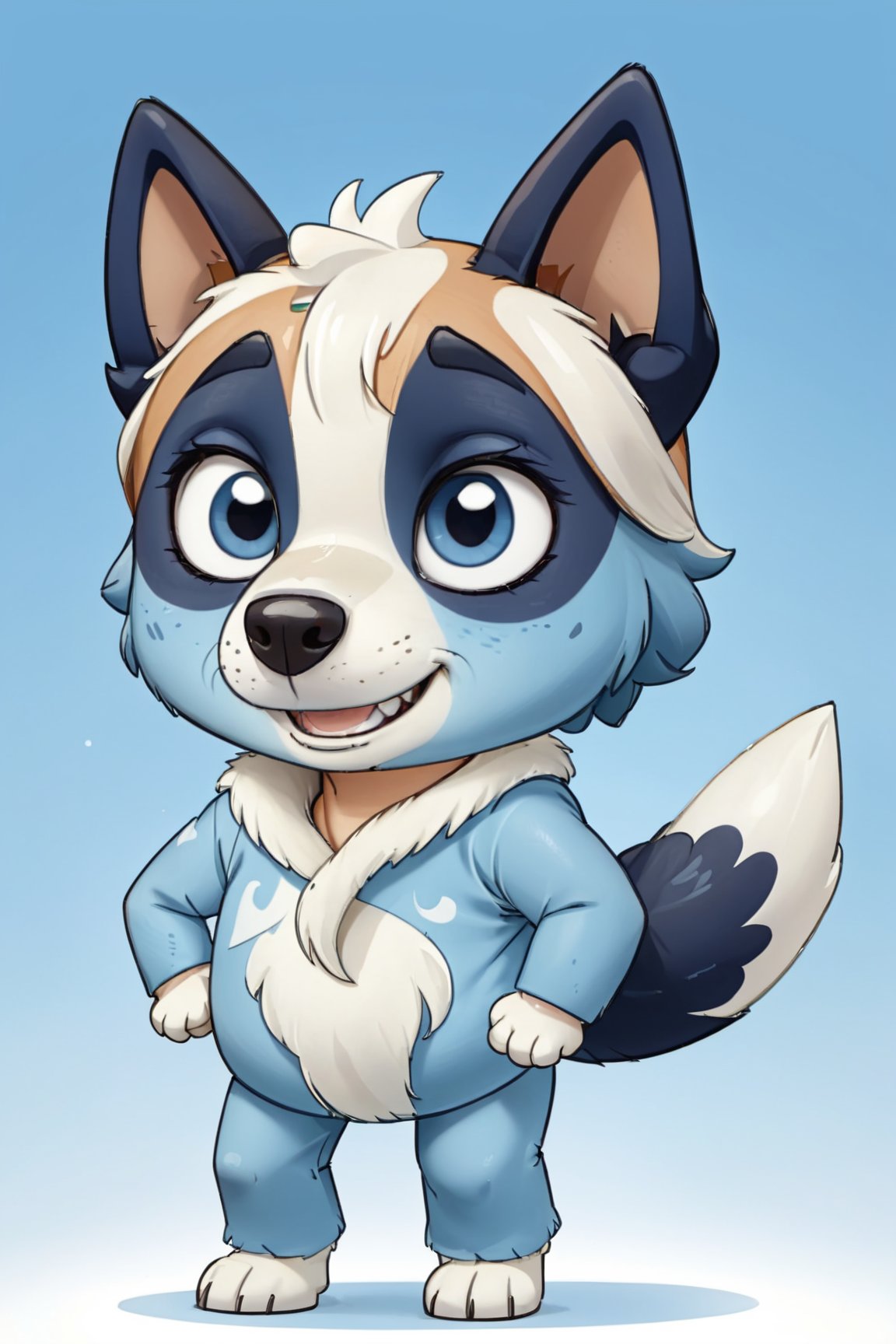 Bluey Style, Bluey Irwin Chibi, blue heeler, two-tone fur,   blue fur, white fur, solo, looking at viewer, smile, open mouth, simple background, 1girl, animal ears, standing, tail, full body, black eyes, arms up, blue background, happy, outstretched arms, furry, furry girl, body fur, animal nose, 