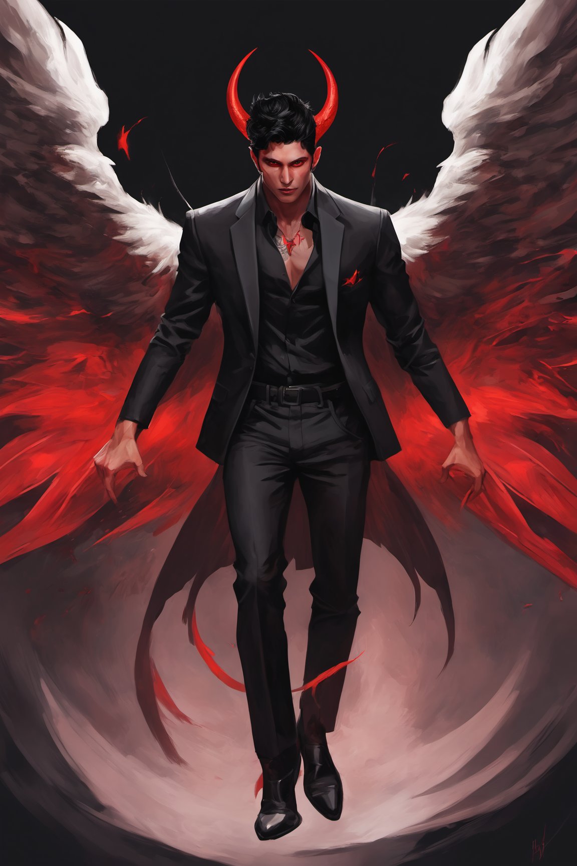 Angel Wings, Lucifer the devil incarnate, male focus, wild hair, black hair, tattoos, devil horns, masculine, (red-black:1.1), flying, realistic, expressive, gradient, oil paint