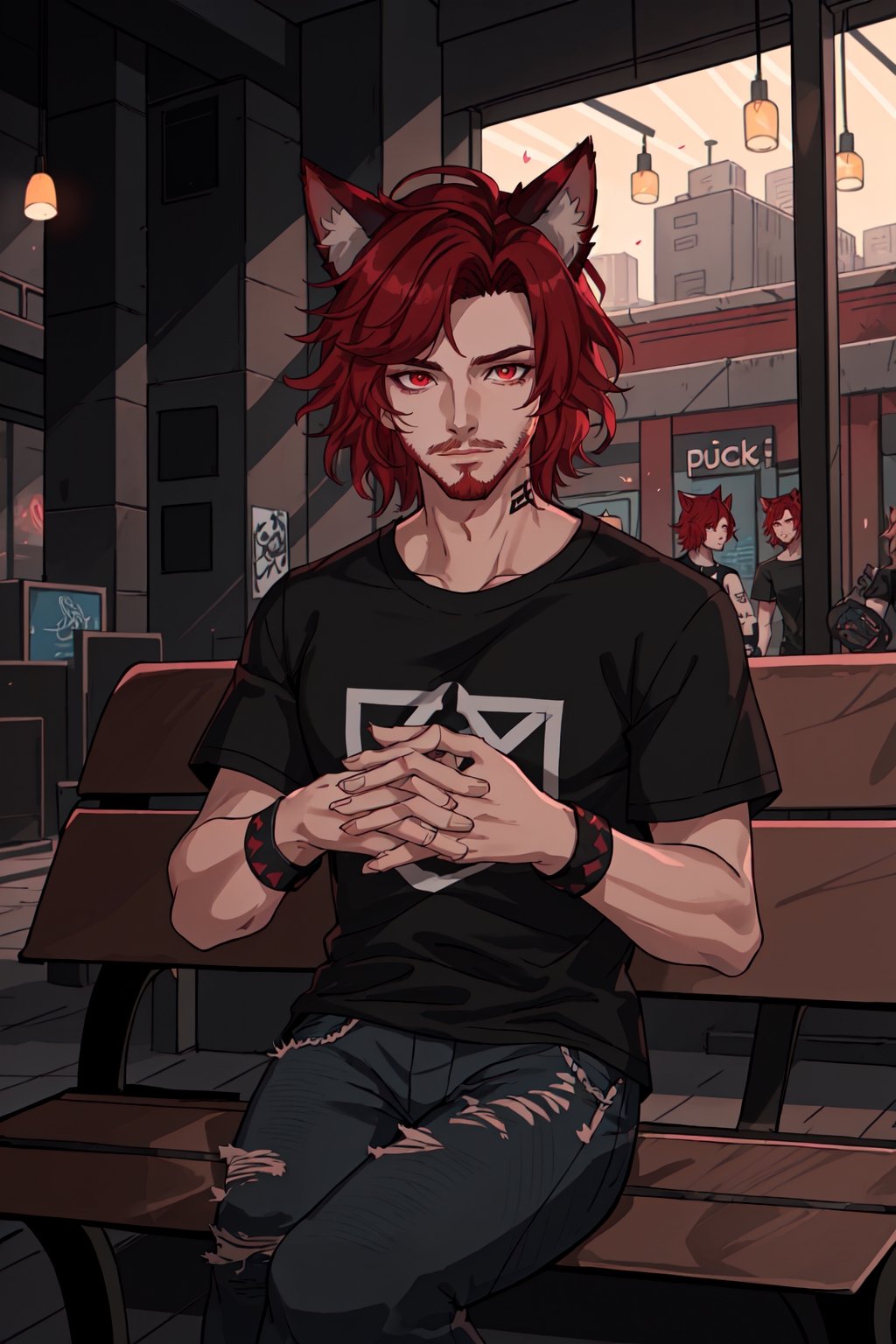 (masterpiece, best illustration, extreme light and shadow), 1boy, solo, (male focus:.7), transgender male, red hair, l facial hair, beard, red hair, red eyes, stubble, cat ears, animal ears, animal ear fluff, specular highlights, detailed eyes, detailed face, textured skin, textured hair, depth of field, (mature), perfect face, side lighting, lustrous skin,(bloom), (shine), wearing a black and pink anime tshirt, denim jeans, goth makeup, wristband, emo punk style, (punk:1.5), jewelry, (perfect hands:1.2), depth of field, tattoos, shy, sitting on a bench in a shopping mall, (indoor lighting:1.2), wind swept hair, (sidelighting), (volumetric lighting)