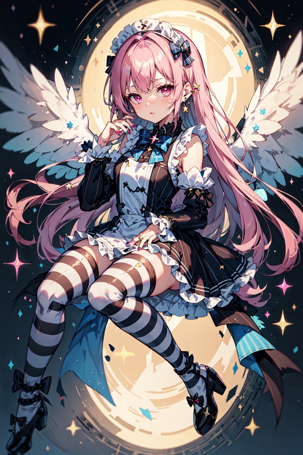 Havoc and Disorder, 1girl, solo, long hair, looking at viewer, blush, bangs, thighhighs, long sleeves, dress, bow, ribbon, jewelry, full body, pink hair, earrings, frills, parted lips, detached sleeves, wings, striped, pink eyes, star (symbol), nail polish, apron, plaid, maid headdress, blue dress, blue bow, frilled dress, striped thighhighs, angel wings, blue footwear, frilled thighhighs, plaid dress