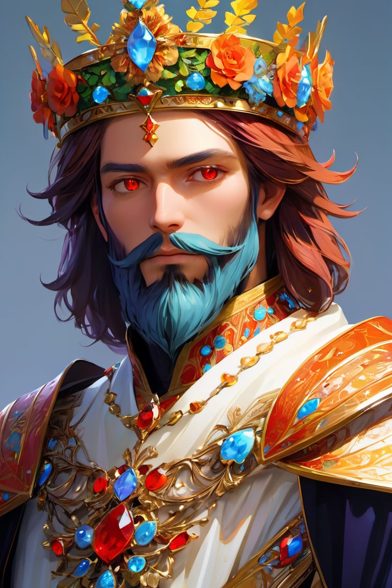 1boy, male focus, beard, stubble, facial hair, multicolored hair, crown, god, (masculine), red eyes, (masterpiece, best quality, ultra-detailed, highres), ((solo)), perfect face, sidelighting, lustrous skin,(bloom), (shine), lighting, ray tracing, sci-fi,depth_of_field,very detailed background, highly detailed background, Masterpiece, Ultra detailed, great composition,Dynamic angle,(Highest picture quality), (Master's work), extreme light and shadow, masterpiece, rich in detail, (highest quality), (masterpiece), (extremely detailed CG unity 8k wallpaper),(masterpiece), (best quality), (ultra-detailed), (best illustration),(best shadow),perfect lighting , perfect anatomy , vivid colors, (masterpiece),