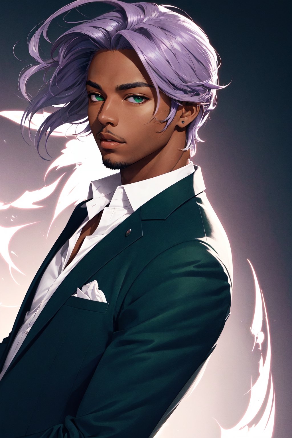 solo, 1boy, male focus,  dark skinned male, dark skin, light purple hair,  green eyes, stubble, goatee, lips, shirt, open_blazer, hyur, specular highlights, gradient, dynamic pose,