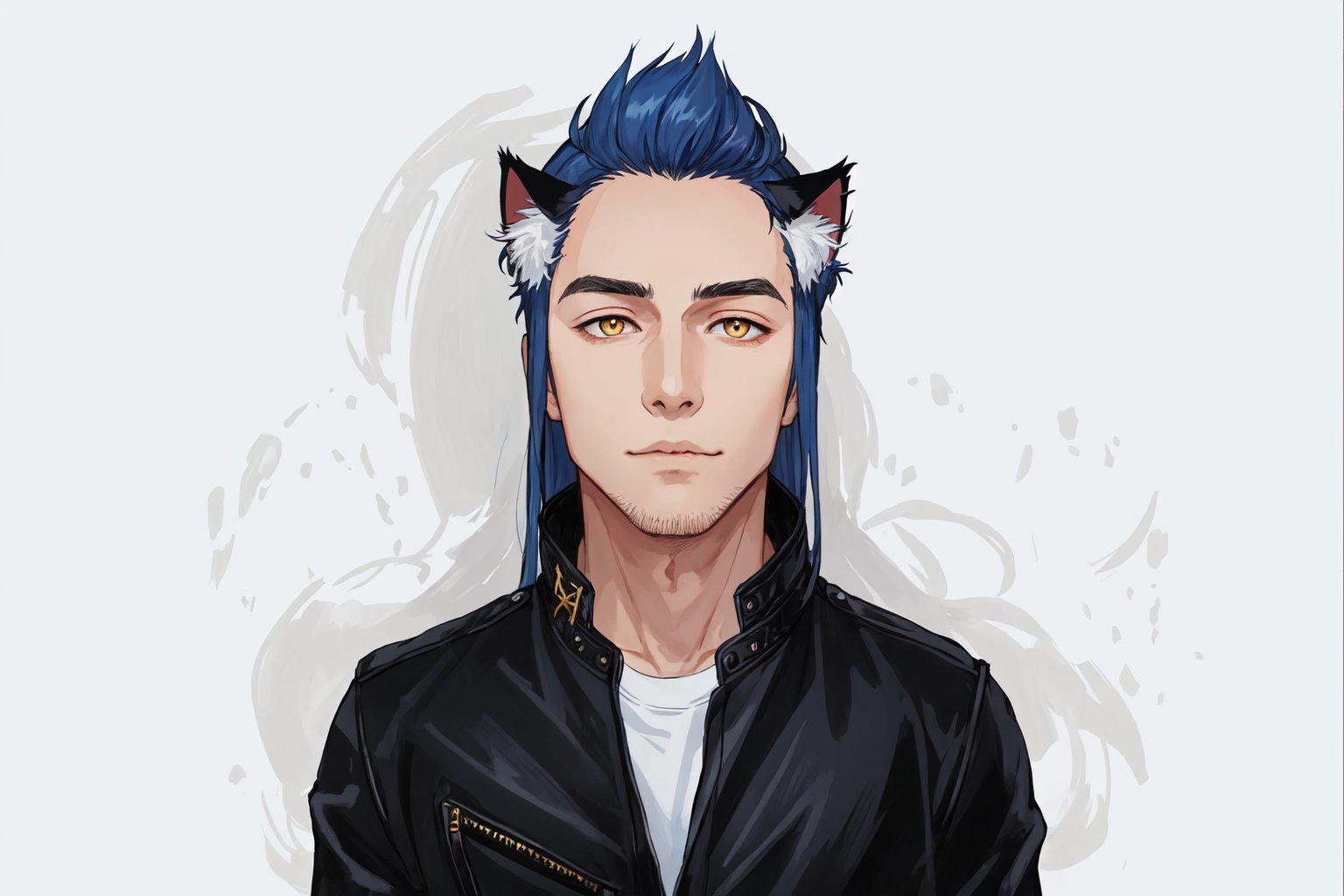 1boy, male focus, long blue hair, cat ears, animal ears, animal ear fluff, gold eyes, leather jacket, tshirt, portrait, upper body