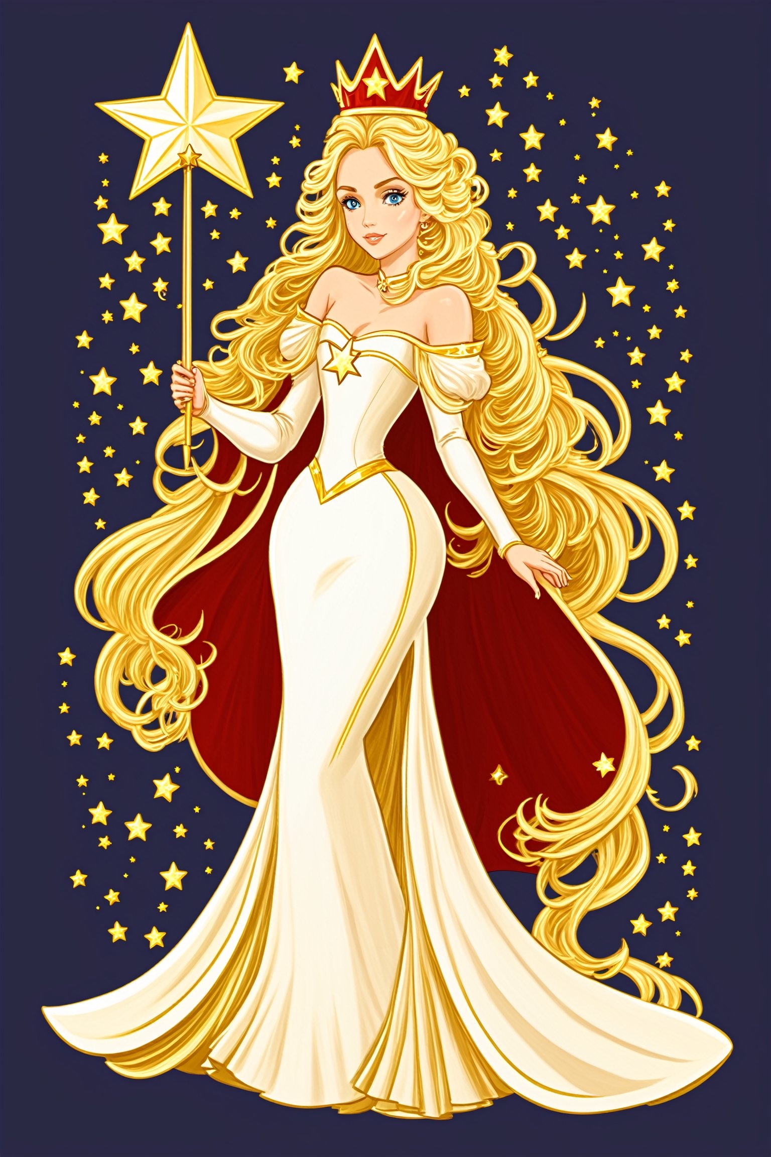 Art Nouveau Style, 1girl, solo, long hair, blue eyes, blonde hair, dress, jewelry, very long hair, full body, puffy sleeves, star (symbol), cape, crown, curly hair, circlet, wand, princess, gown