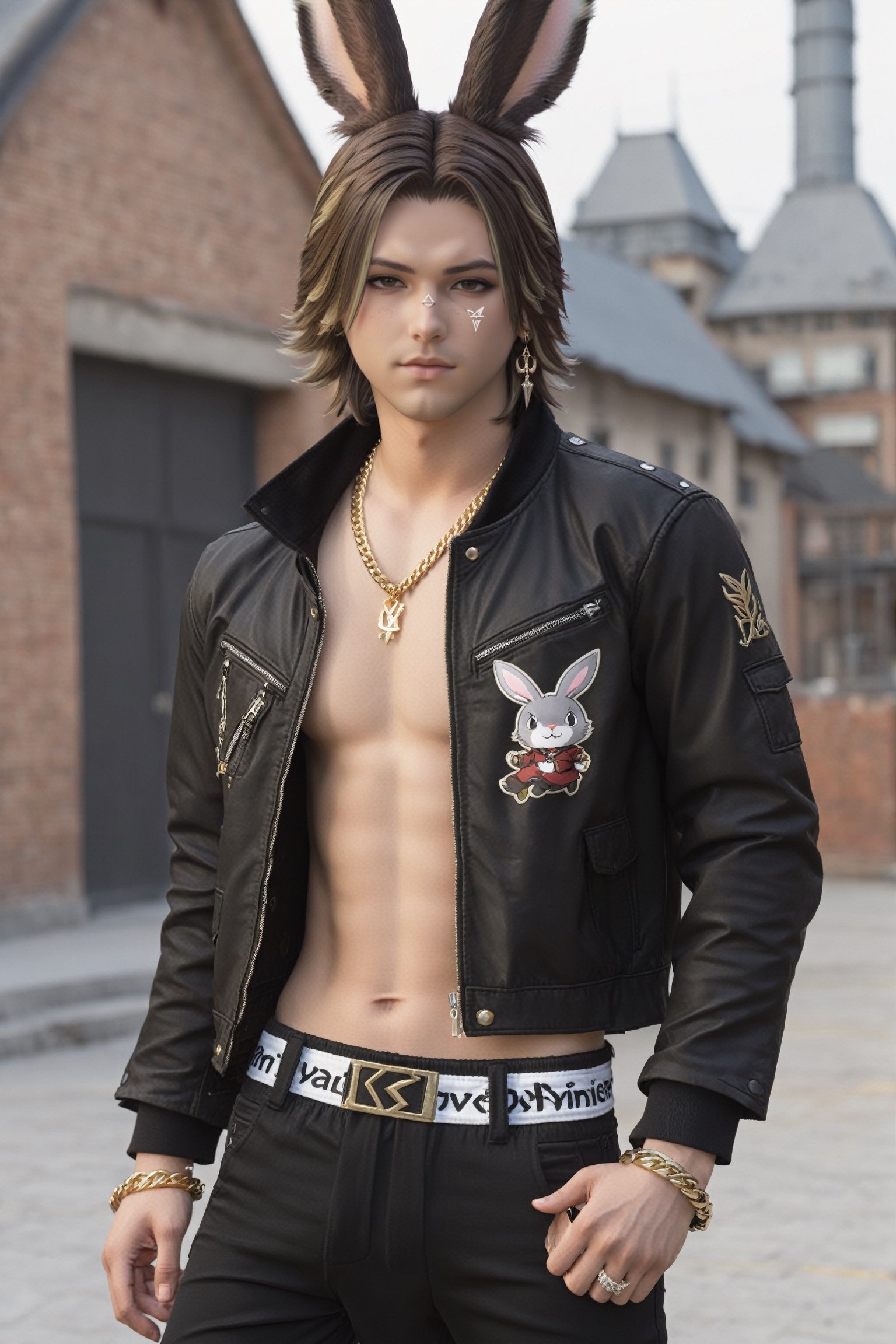 Khitli Viera, 1boy, male focus, solo, looking at viewer, short hair, brown hair, navel, animal ears, jewelry, jacket,  earrings, open clothes, midriff, pants, necklace, rabbit ears, bracelet, open jacket, lips, black jacket, crop top, facial mark, black pants, hand on shoulder, building, cropped jacket, leather jacket, viera, 