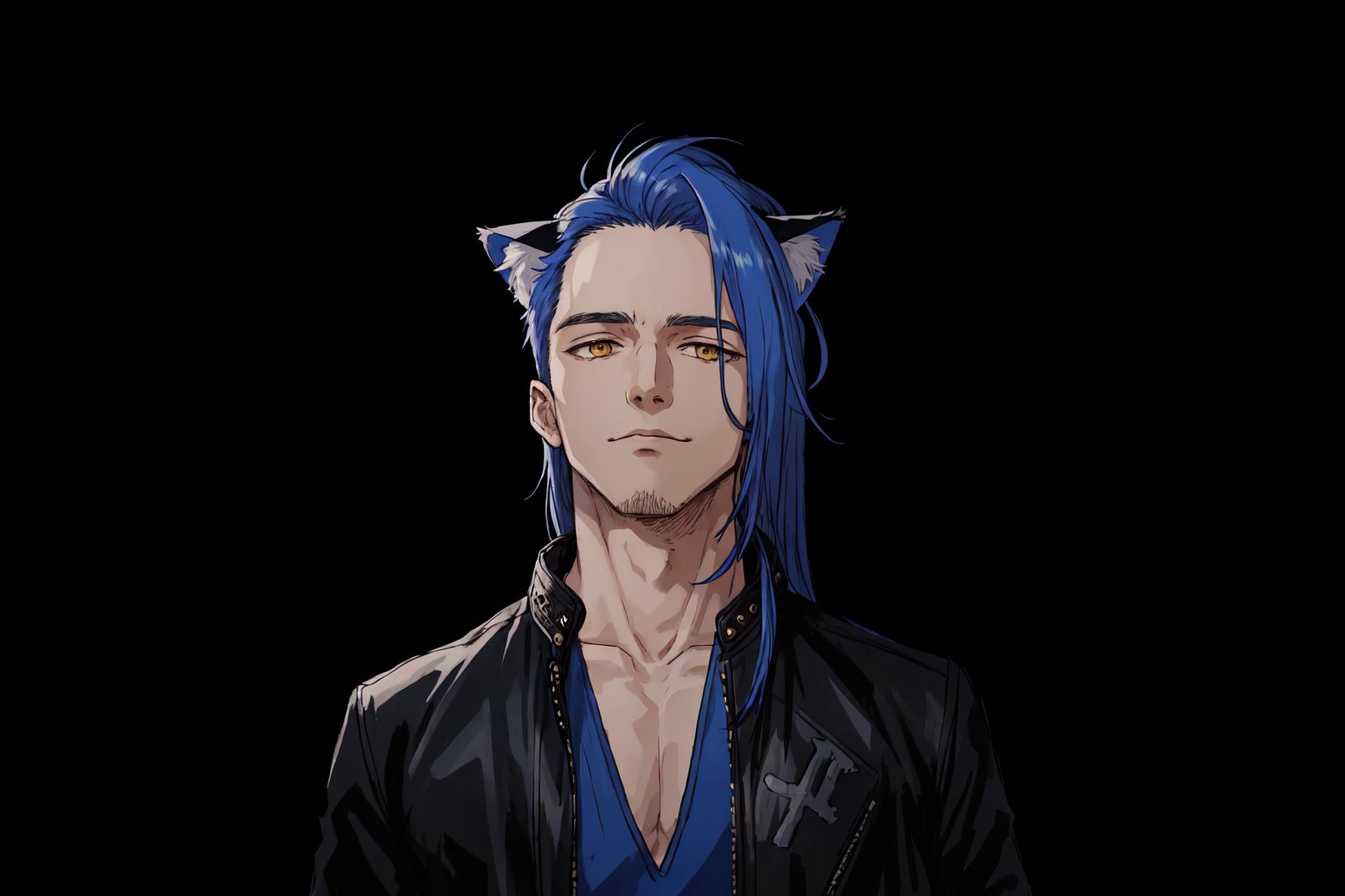 1boy, male focus, long blue hair, cat ears, animal ears, animal ear fluff, gold eyes, leather jacket, tshirt, portrait, upper body