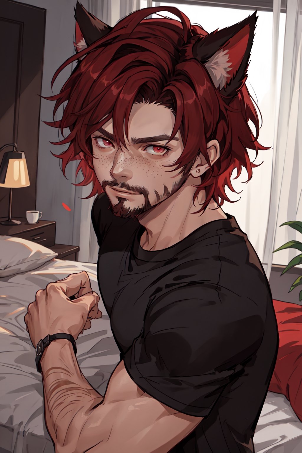 Matoyaiivi Naagora Solas, solo, shirt, red eyes, 1boy, animal ears, male focus, two tone hair, red hair, black hair, cat ears, bed, facial hair, t-shirt, beard, freckles, , stubble, animal ears, animal ear fluff, indoors, black shirt, portrait, depth of field, specular highlights,