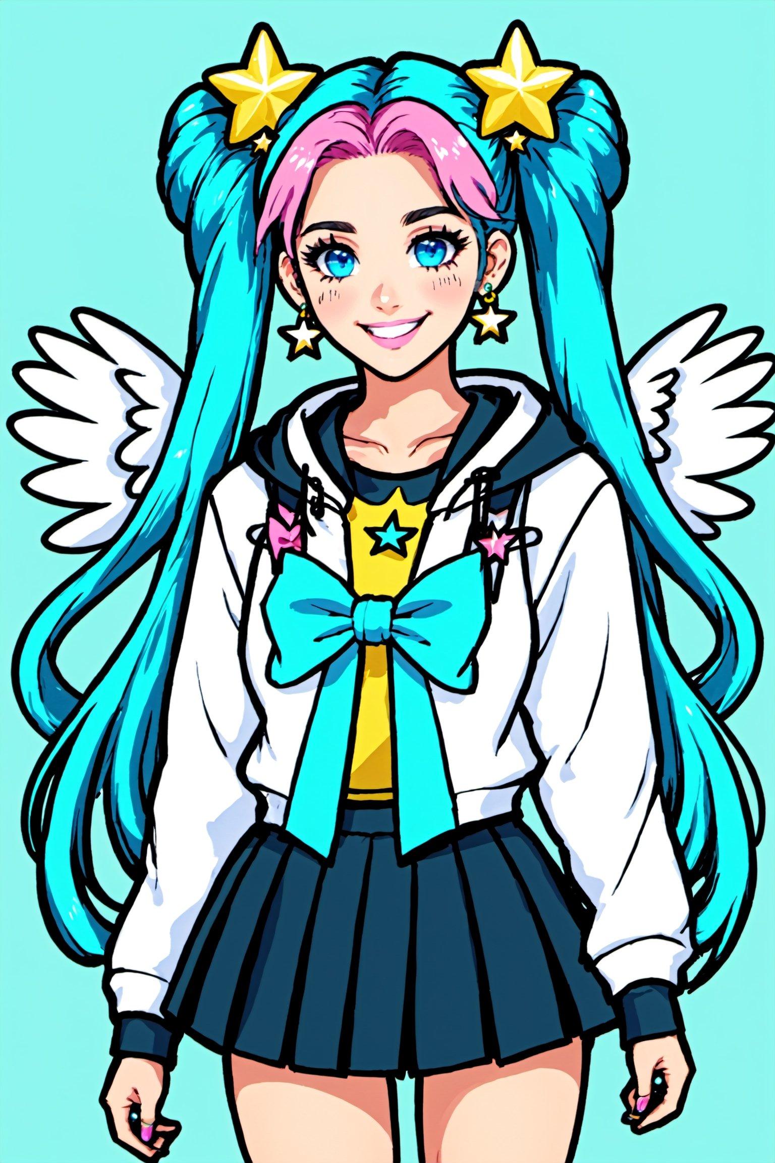 ZipFile Comi Style, 1girl, solo, long hair, looking at viewer, blush, smile, blue eyes, skirt, shirt, hair ornament, bow, twintails, jewelry, jacket, upper body, pleated skirt, earrings, parted lips, open clothes, wings, hood, bowtie, hair bun, star (symbol), sweatdrop, aqua eyes, open jacket, lips, parted bangs, sparkle, double bun, aqua hair, hoodie, blue bow, hood down, crescent, feathered wings, hooded jacket, angel wings, circlet, white wings, crescent earrings, 