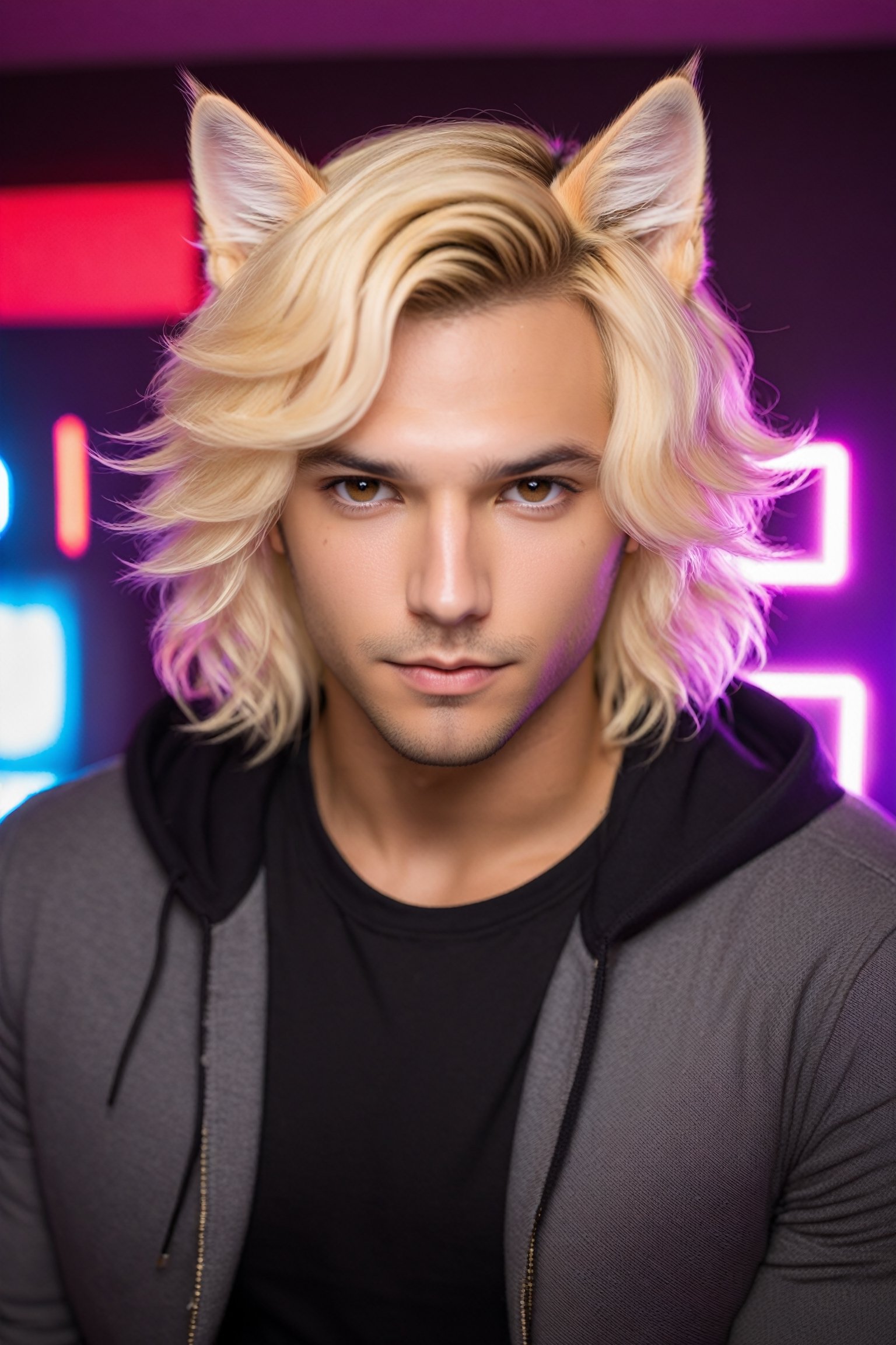 Phoenix Montoya, Phoenix Montoya,male focus, brown eyes,solo , blonde hair, cat ears, animal ears,looking at viewer, indoors, neon theme