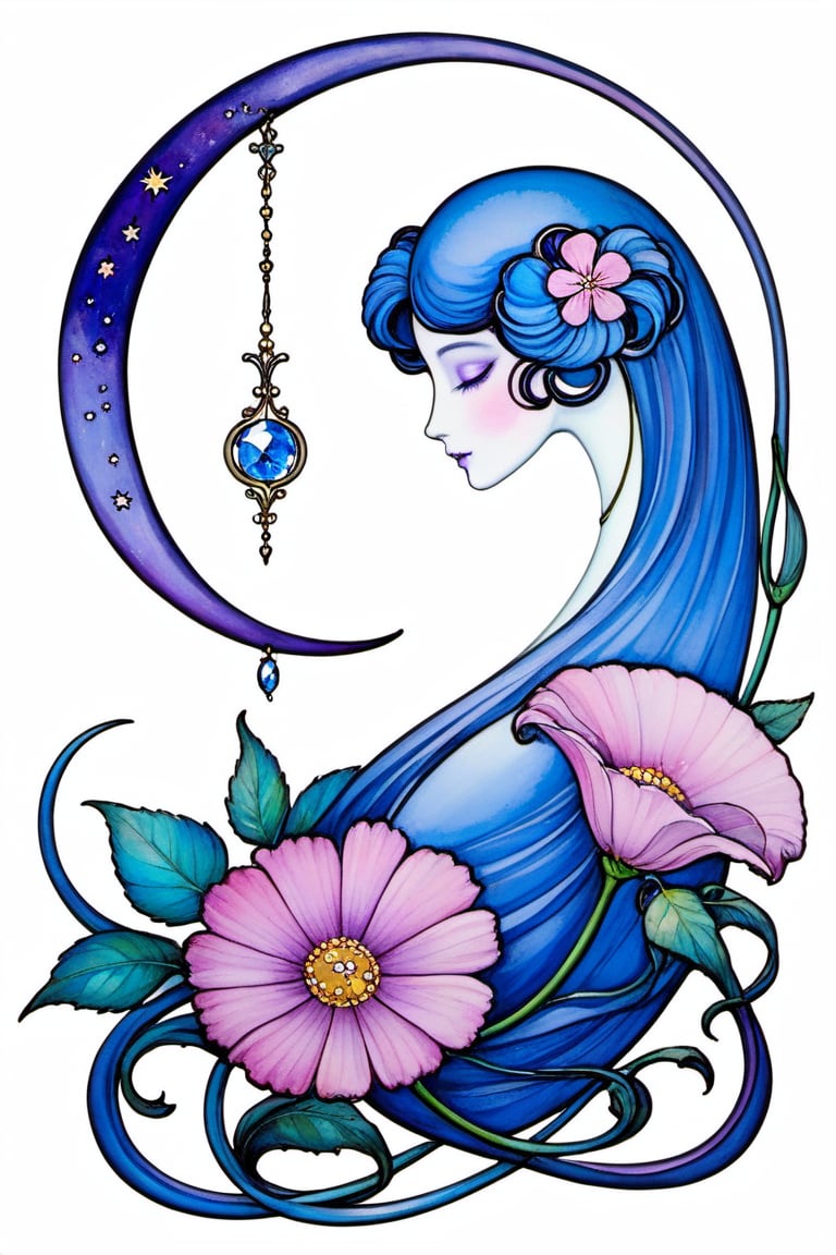 SM Nouveau, no humans, flower, blue flower, wand, crescent, purple flower, still life, crescent moon, moon, acrylic paint \(medium\), crystal, painting \(medium\), traditional media, pink flower, white background, art nouveau