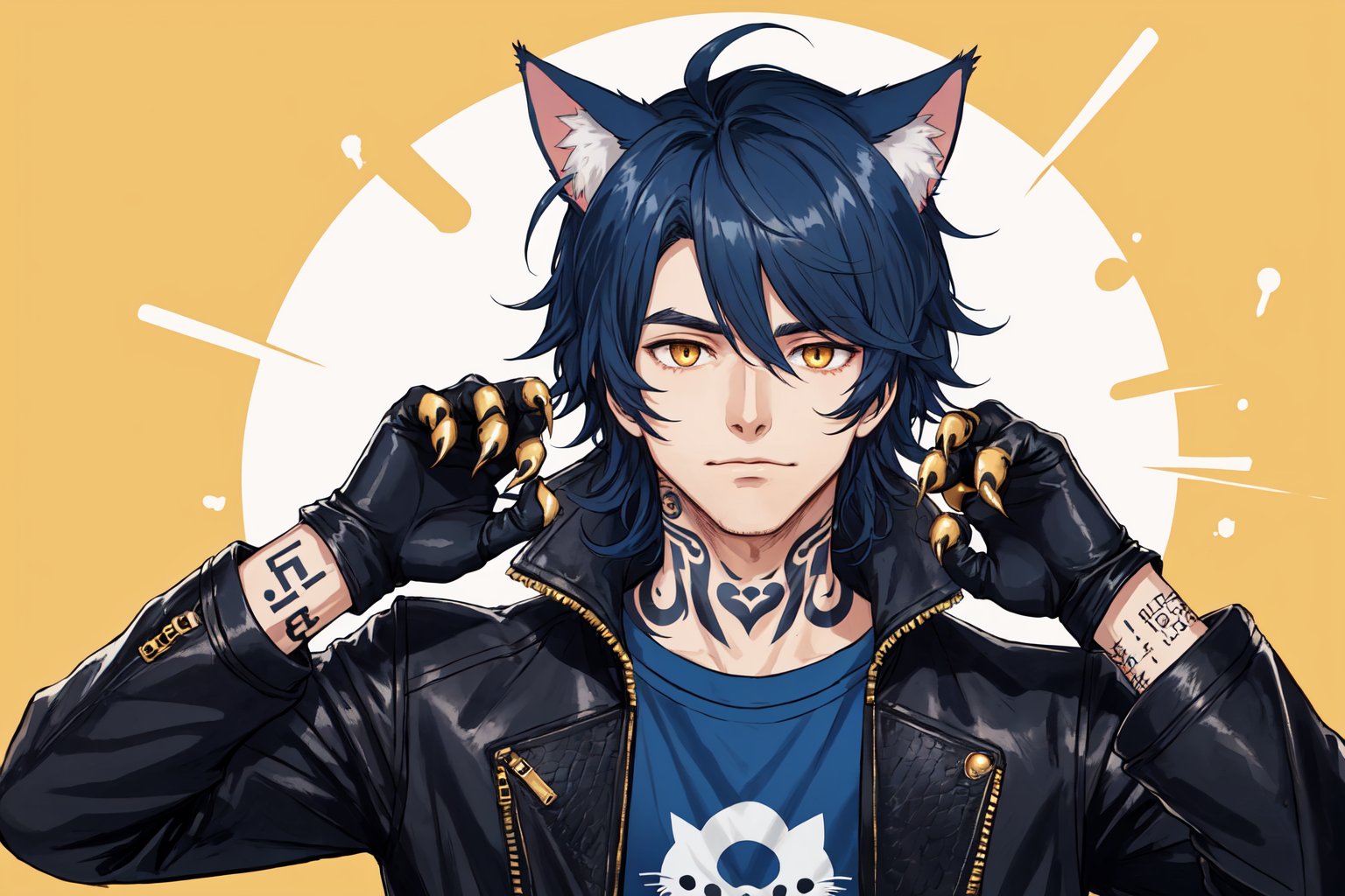 1boy, male focus, solo, hands up, animal claws, long hair, fluffy hair,   navy blue hair, cat ears, animal ears, animal ear fluff, gold eyes, leather jacket, tshirt, portrait, upper body, body tattoos,clawed gloves, clean shaven