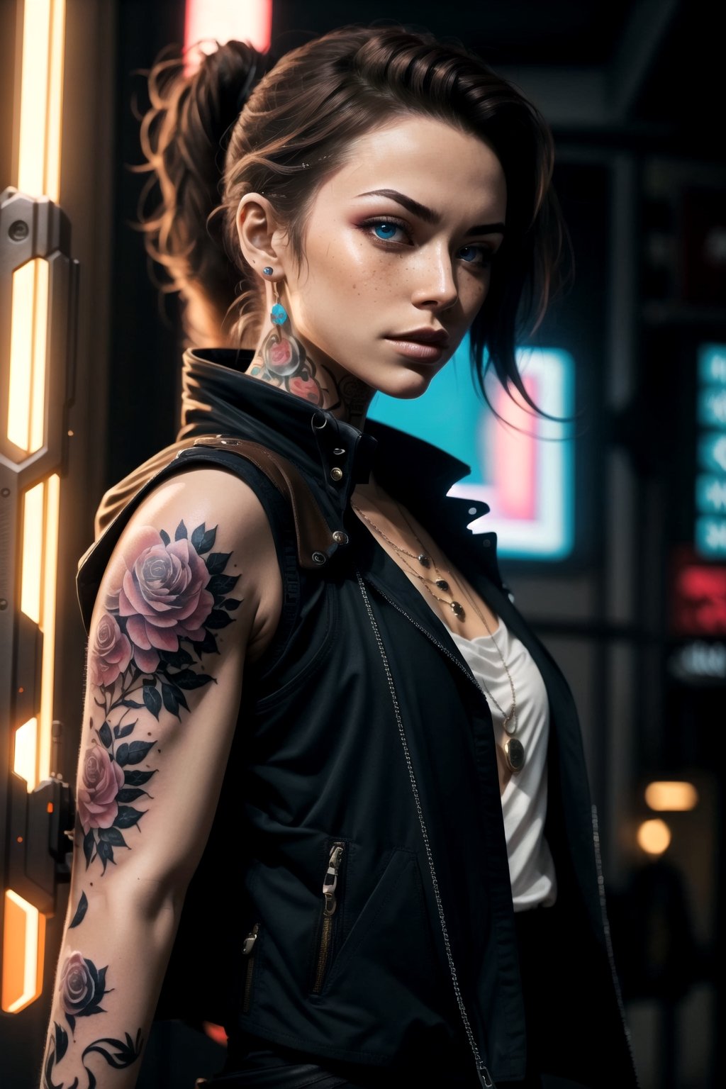 Cyberpunk Style, 1boy, 1girl, arm tattoo, blue eyes, blurry, blurry background, brown hair, freckles, gun, holding, holding gun, holding weapon, jewelry, looking at viewer, necklace, ponytail, sleeveless, solo focus, tattoo, upper body, vest, weapon