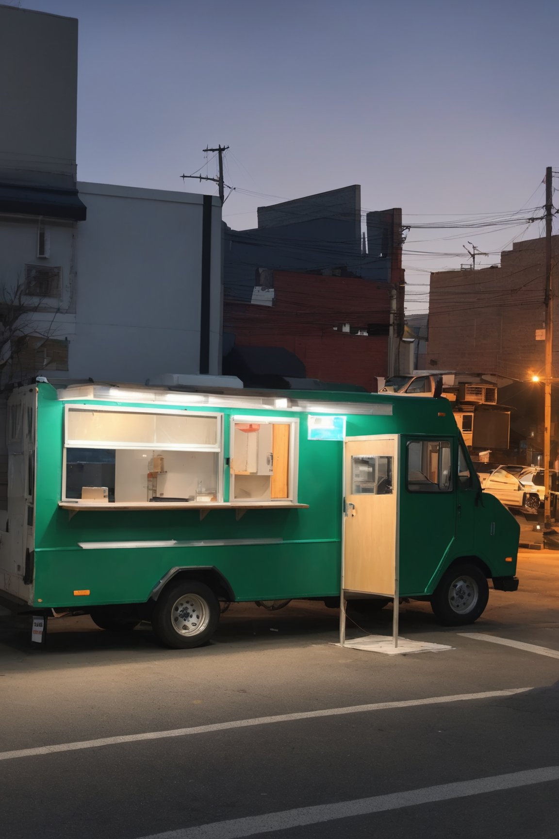 eatery looking food truck stopped by a pole in an empty lot at night
