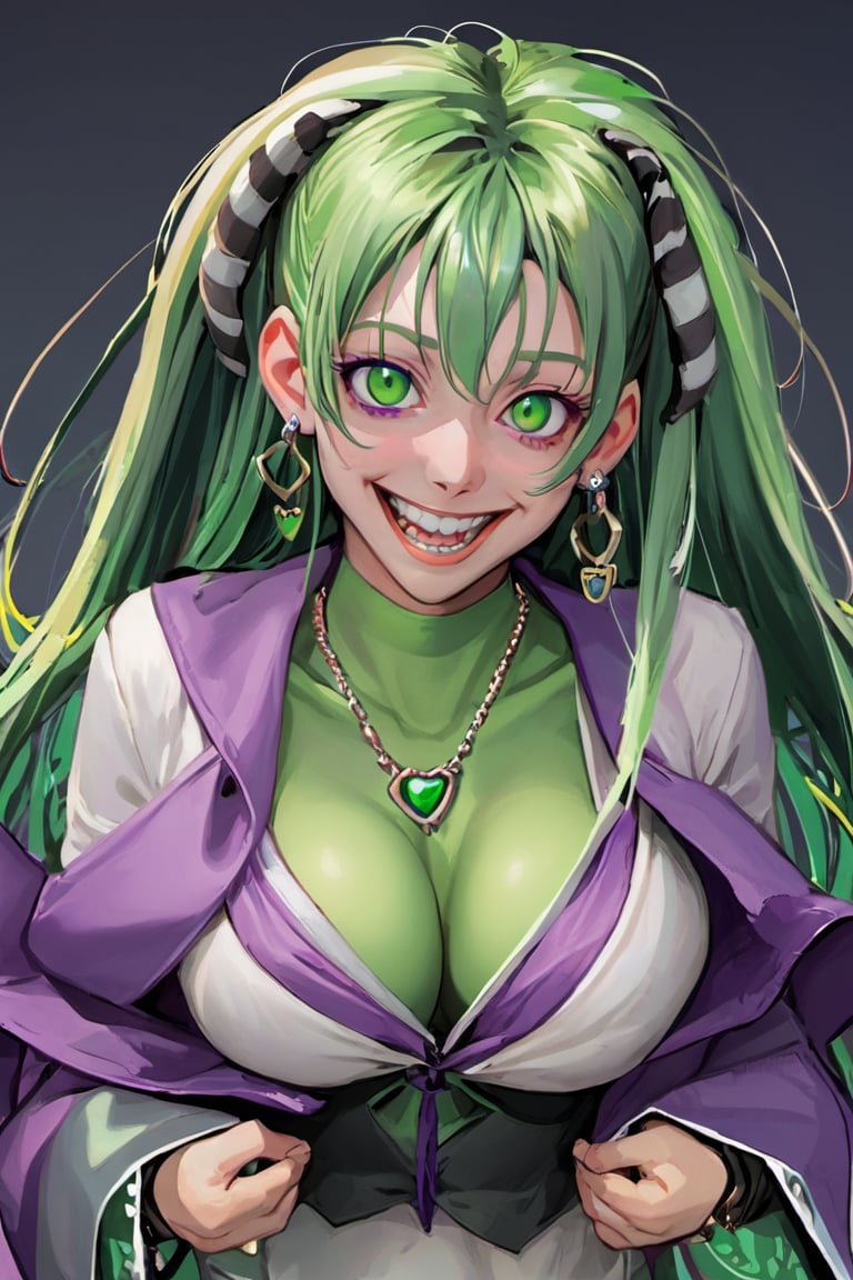 horror theme, beetlejuice, poitergeist, 1girl, solo, purple eyes, looking at viewer, long hair, jewelry, smile, breasts, multicolored hair, green hair, earrings, cleavage, upper body, teeth, fangs, hair between eyes, jacket, streaked hair, bangs