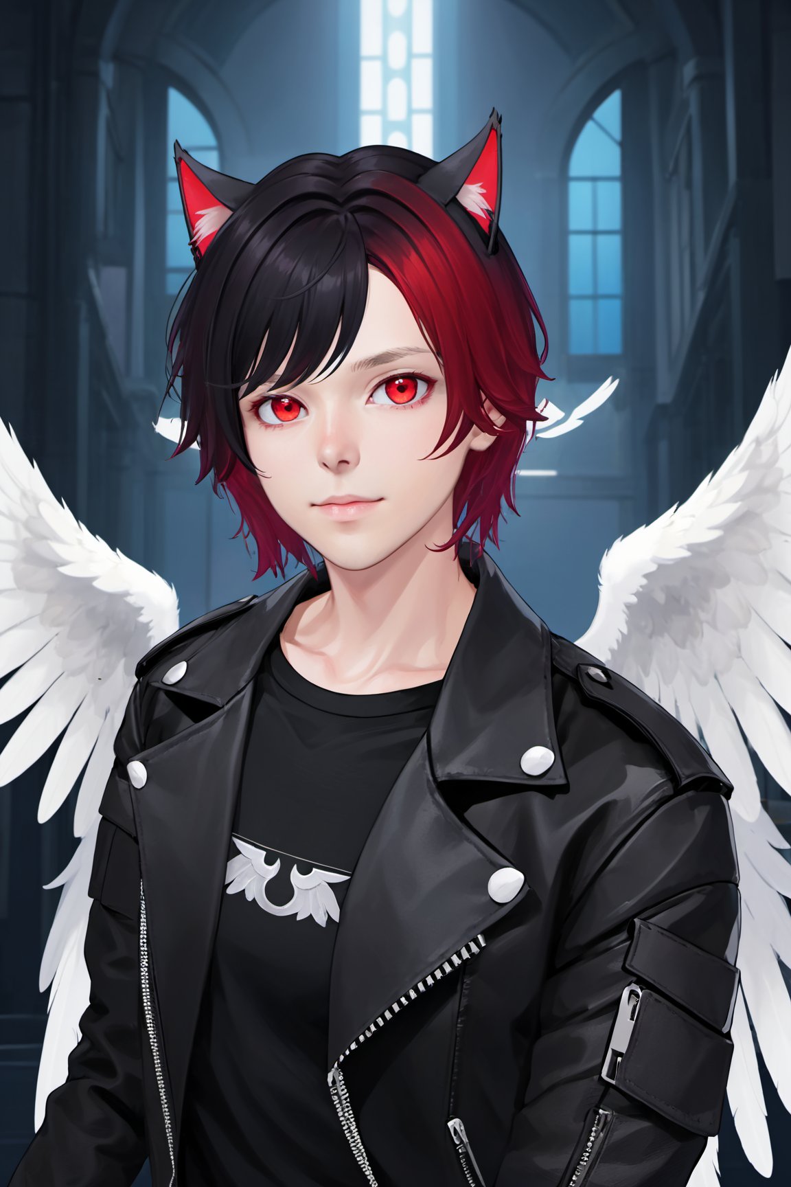 solo, looking at viewer, short hair, blue eyes, shirt, black hair, red eyes, animal ears,  jacket, upper body, red hair, open clothes, wings,  cat ears,  open jacket, black jacket, black shirt, heterochromia, feathered wings, angel wings, white wings, leather, single wing, leather jacket, 