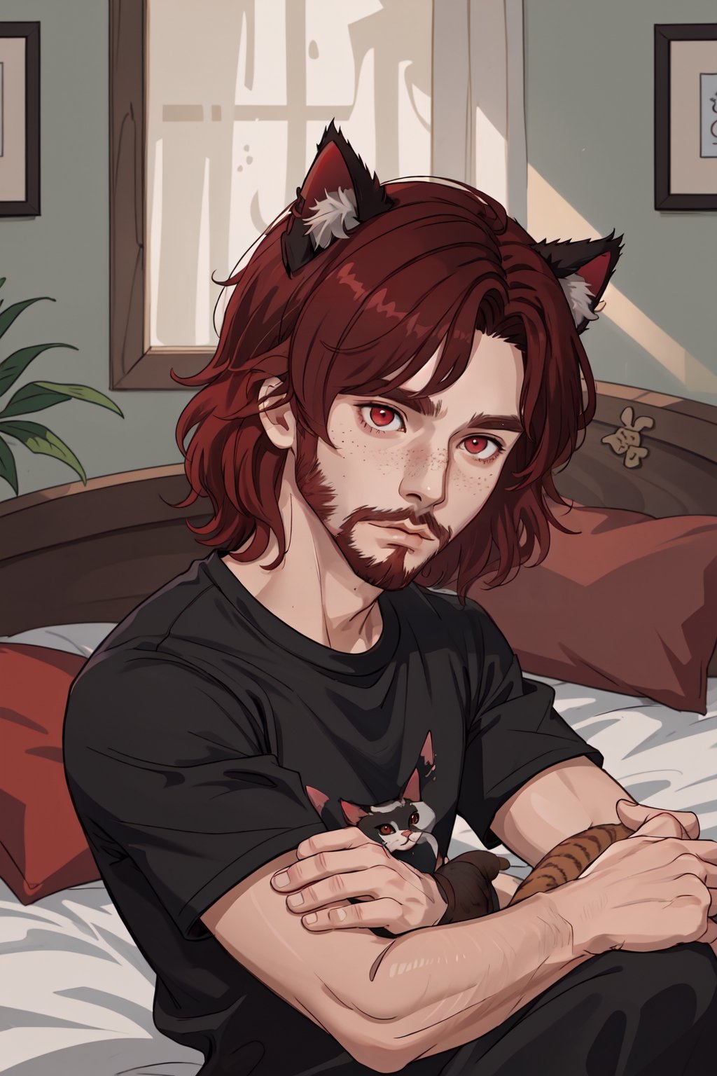 Matoyaiivi Naagora Solas, solo, shirt, red eyes, 1boy, animal ears, male focus, two tone hair, red hair, black hair, cat ears, bed, facial hair, t-shirt, beard, freckles, , stubble, animal ears, animal ear fluff, indoors, black shirt, portrait, depth of field, specular highlights,